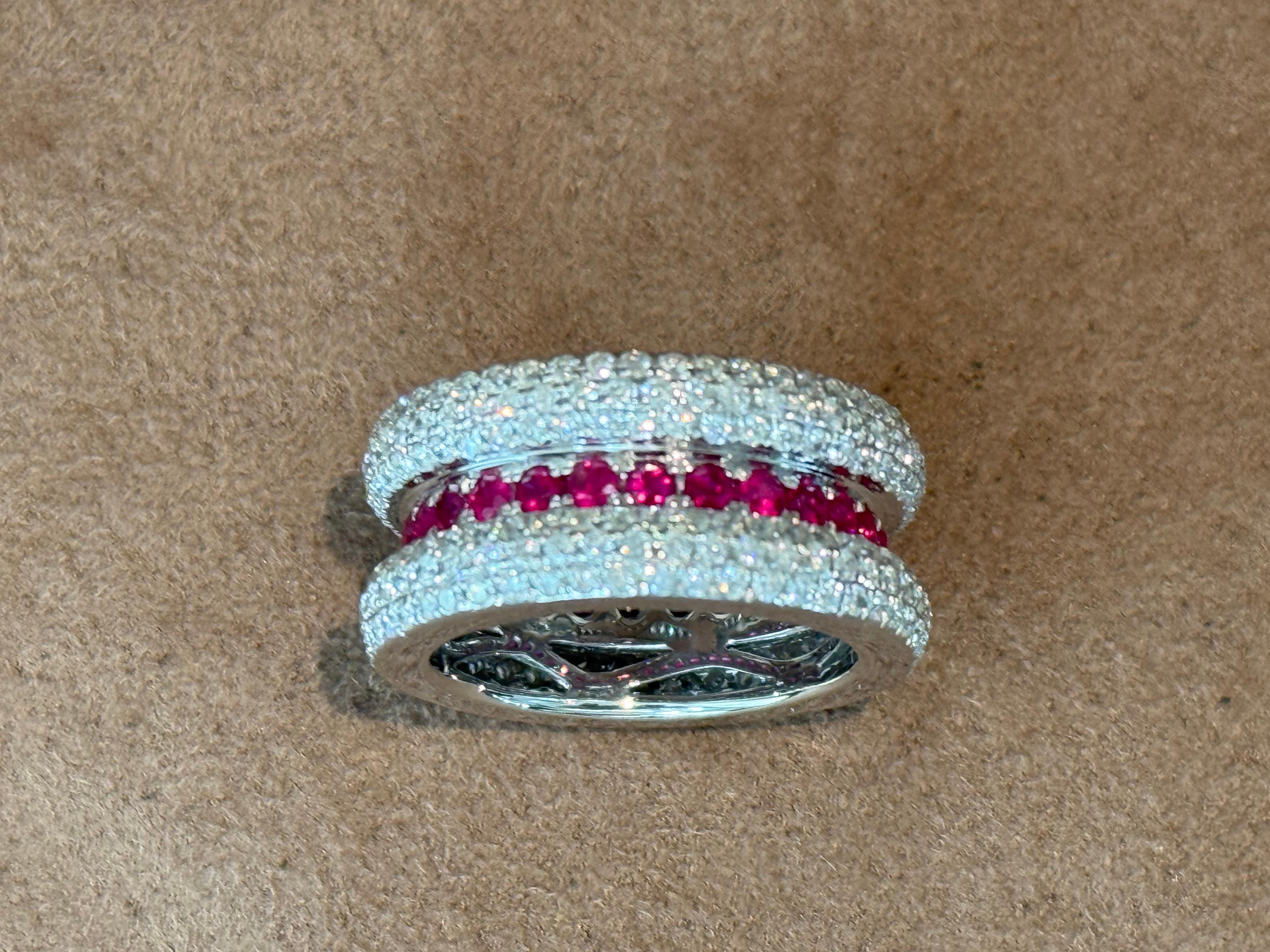 Women's or Men's 18 K white Gold Band Pave Ring Ruby Diamonds For Sale