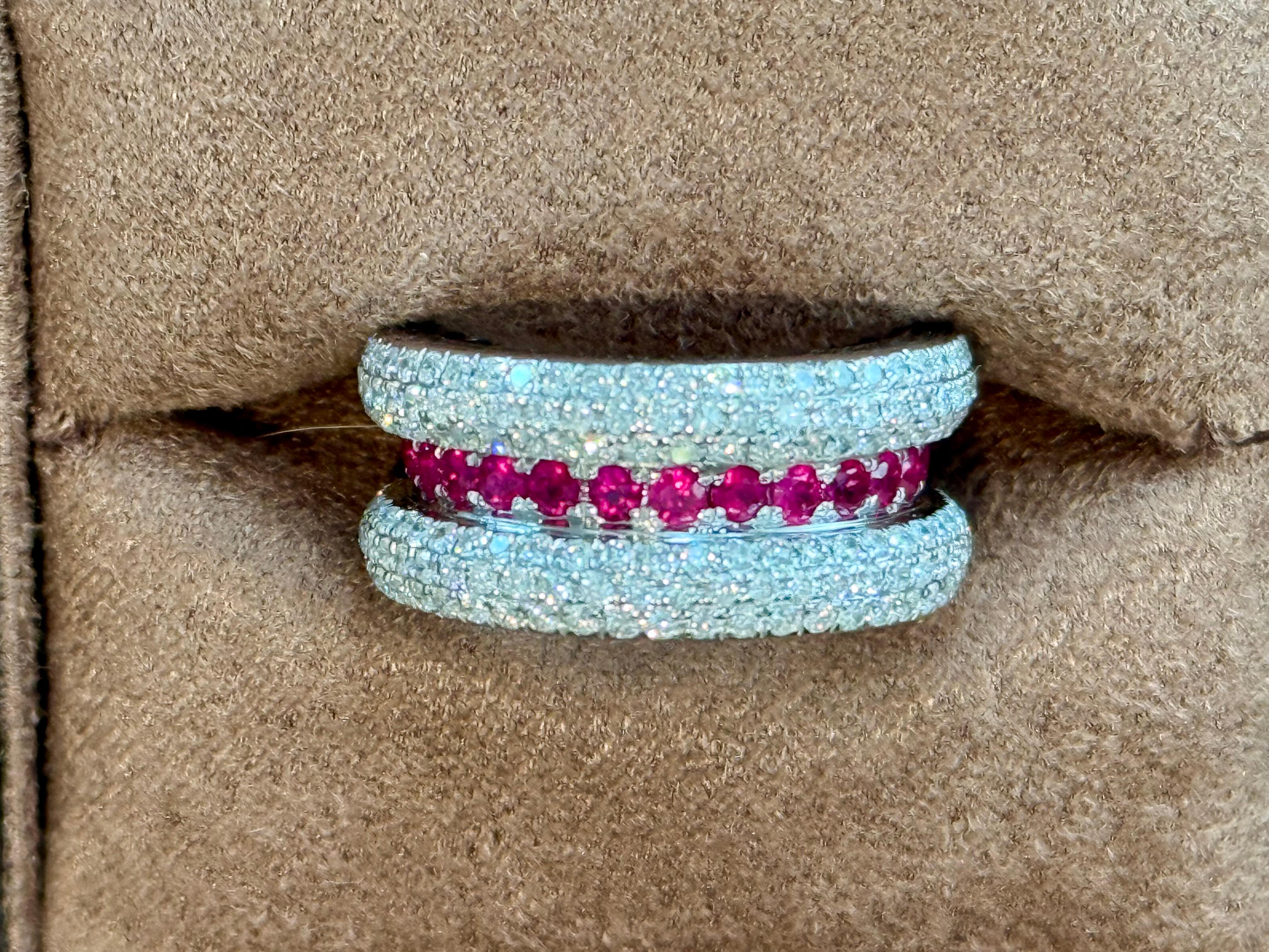 18 K white Gold Band Pave Ring Ruby Diamonds For Sale 1