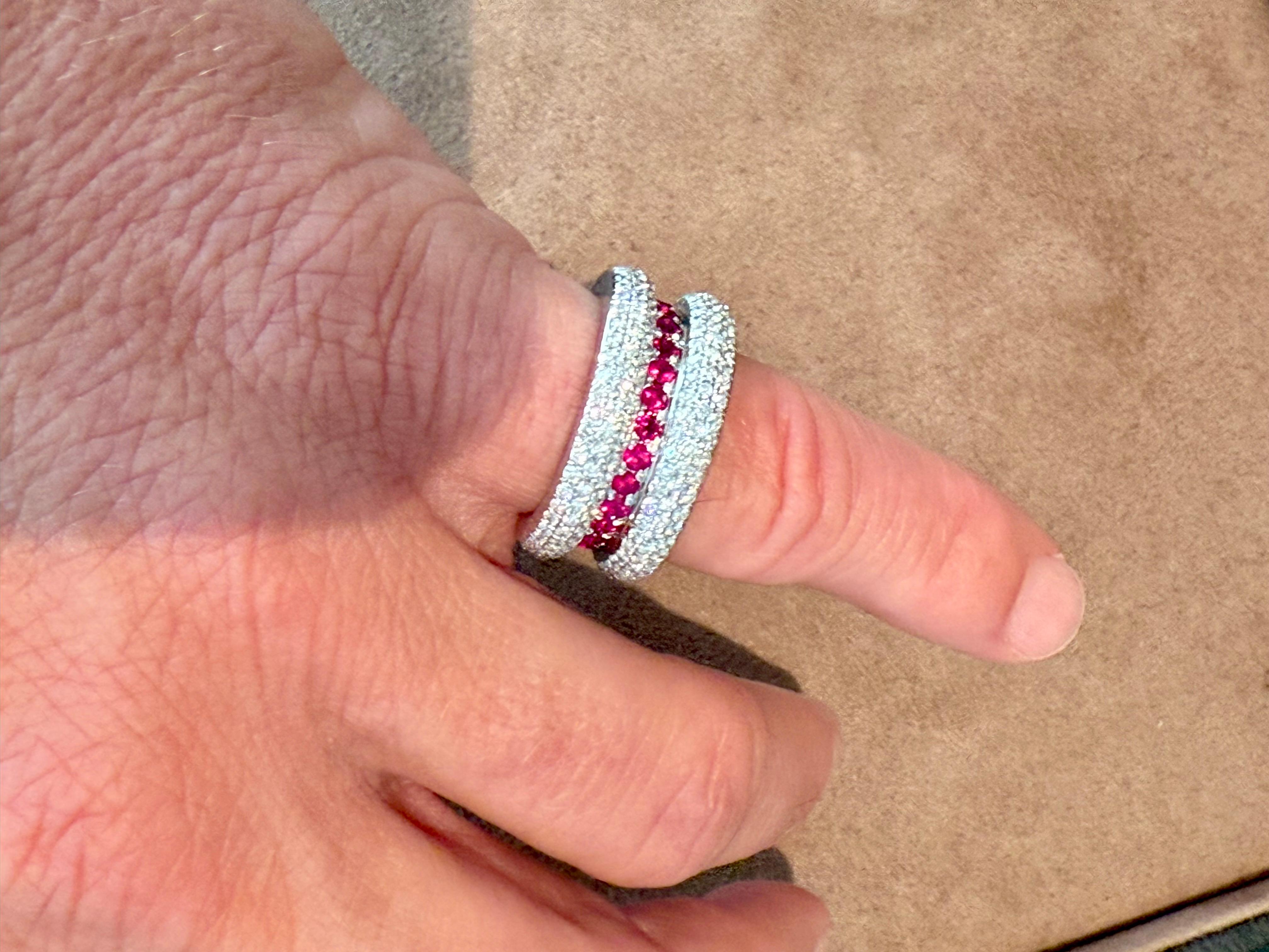 18 K white Gold Band Pave Ring Ruby Diamonds For Sale 2