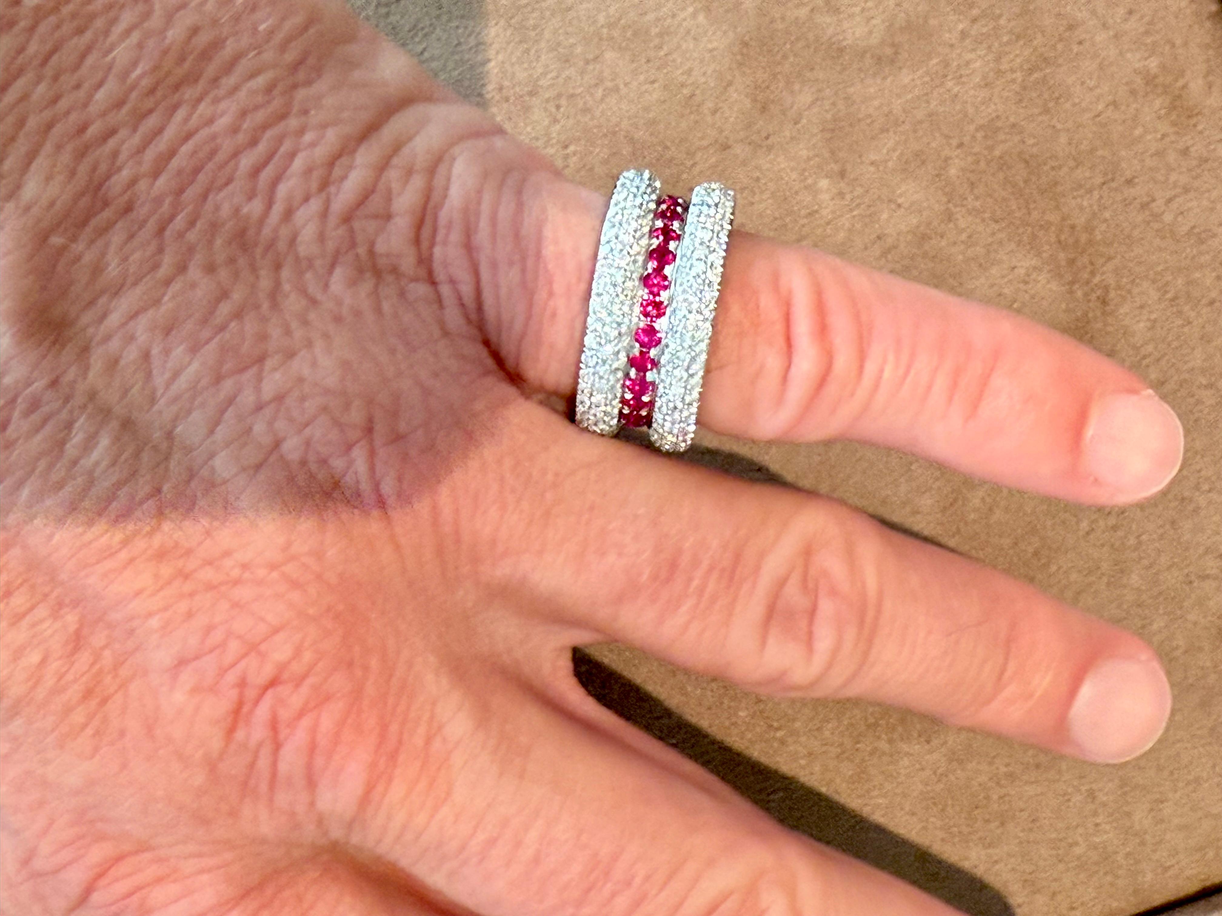 18 K white Gold Band Pave Ring Ruby Diamonds For Sale 3