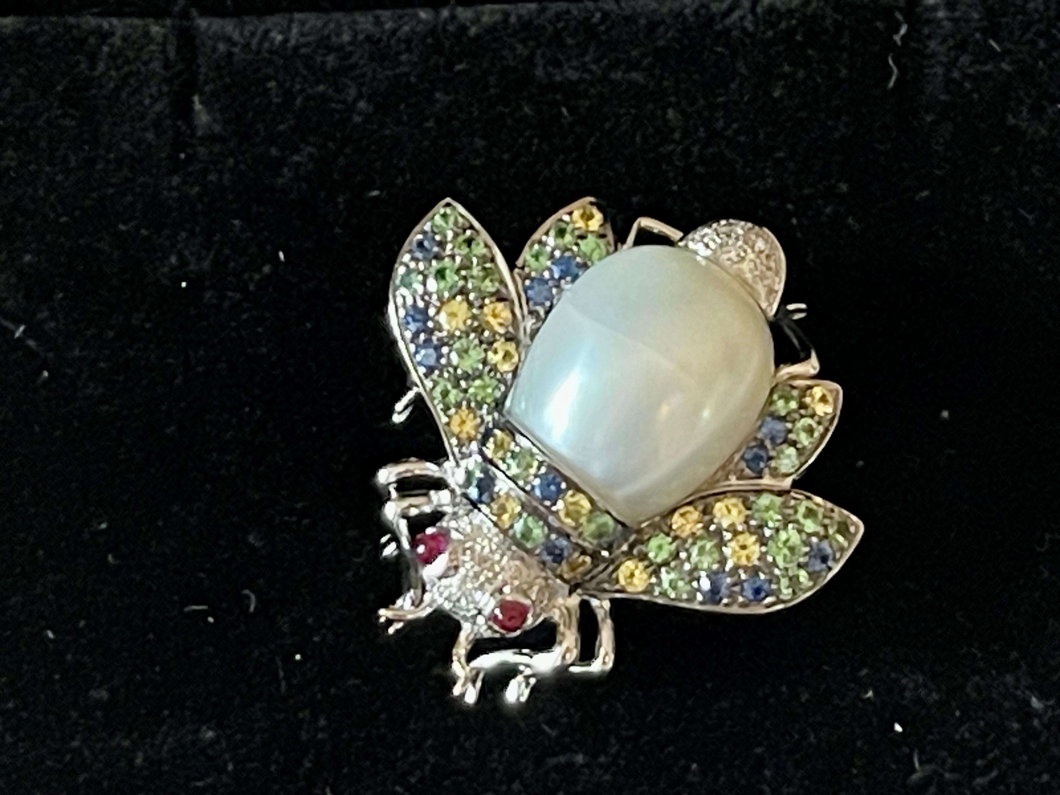 Women's 18 K white Gold bee brooch South Sea Pearl Diamond Rubyfancy Sapphire Tsavorite For Sale
