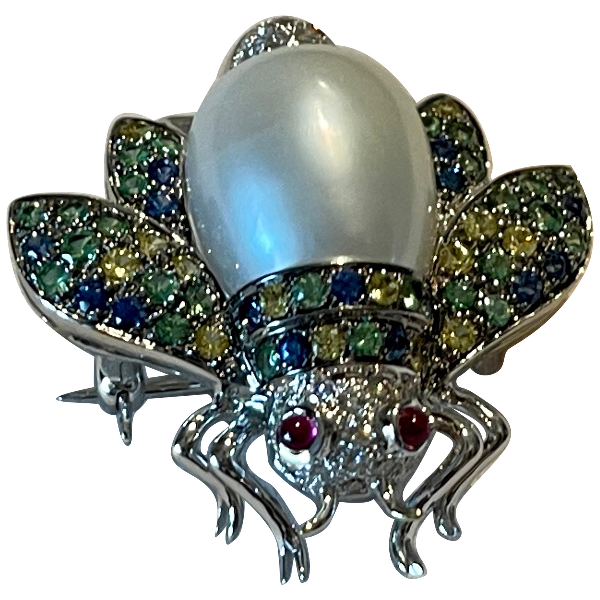 Spilla ape in oro bianco 18 K Perla dei mari del sud Diamante Rubino Zaffiro Zaffiro Zavorite in vendita