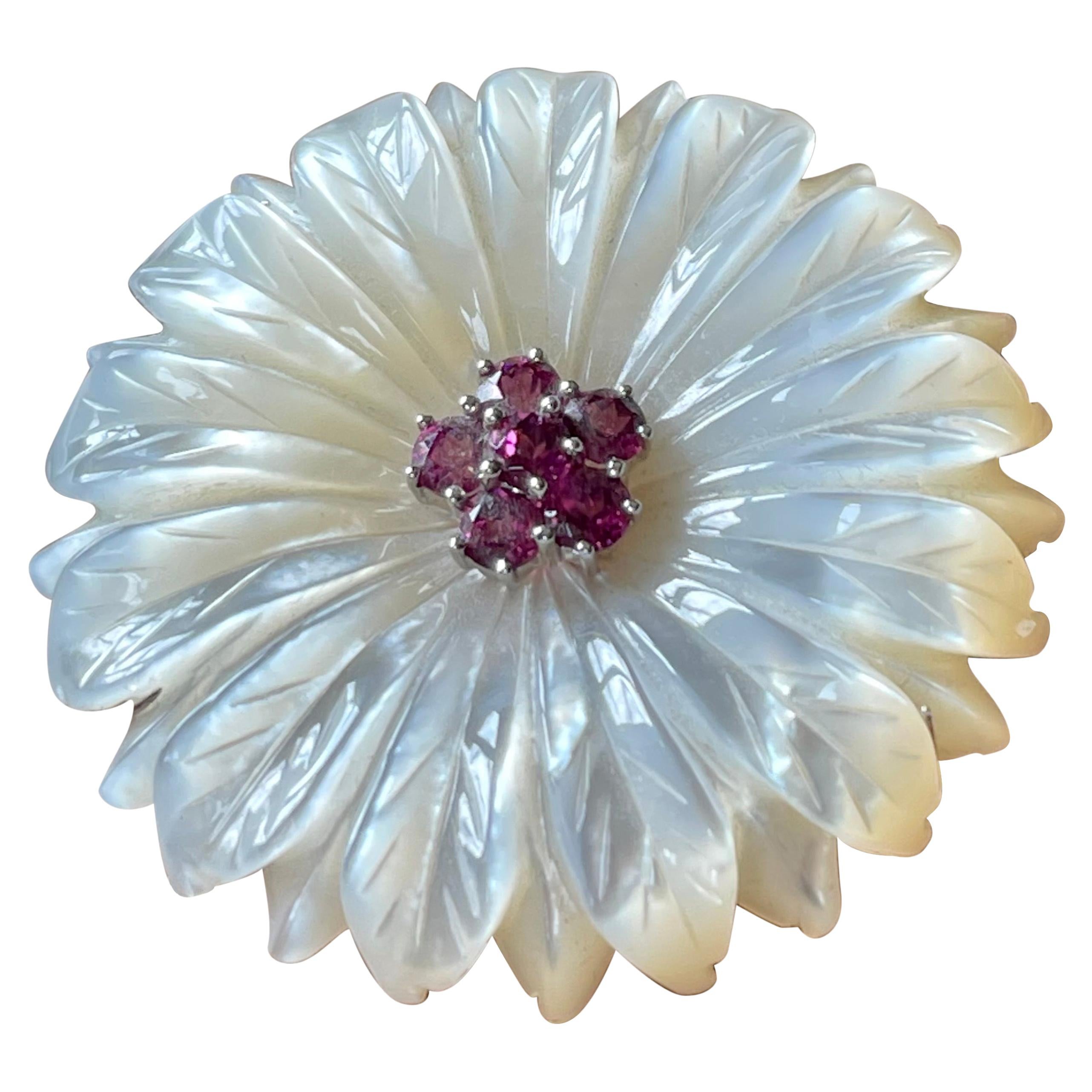 18 K White Gold Carved Mother of Pearl Flower Garnet Brooch/Pendant For Sale