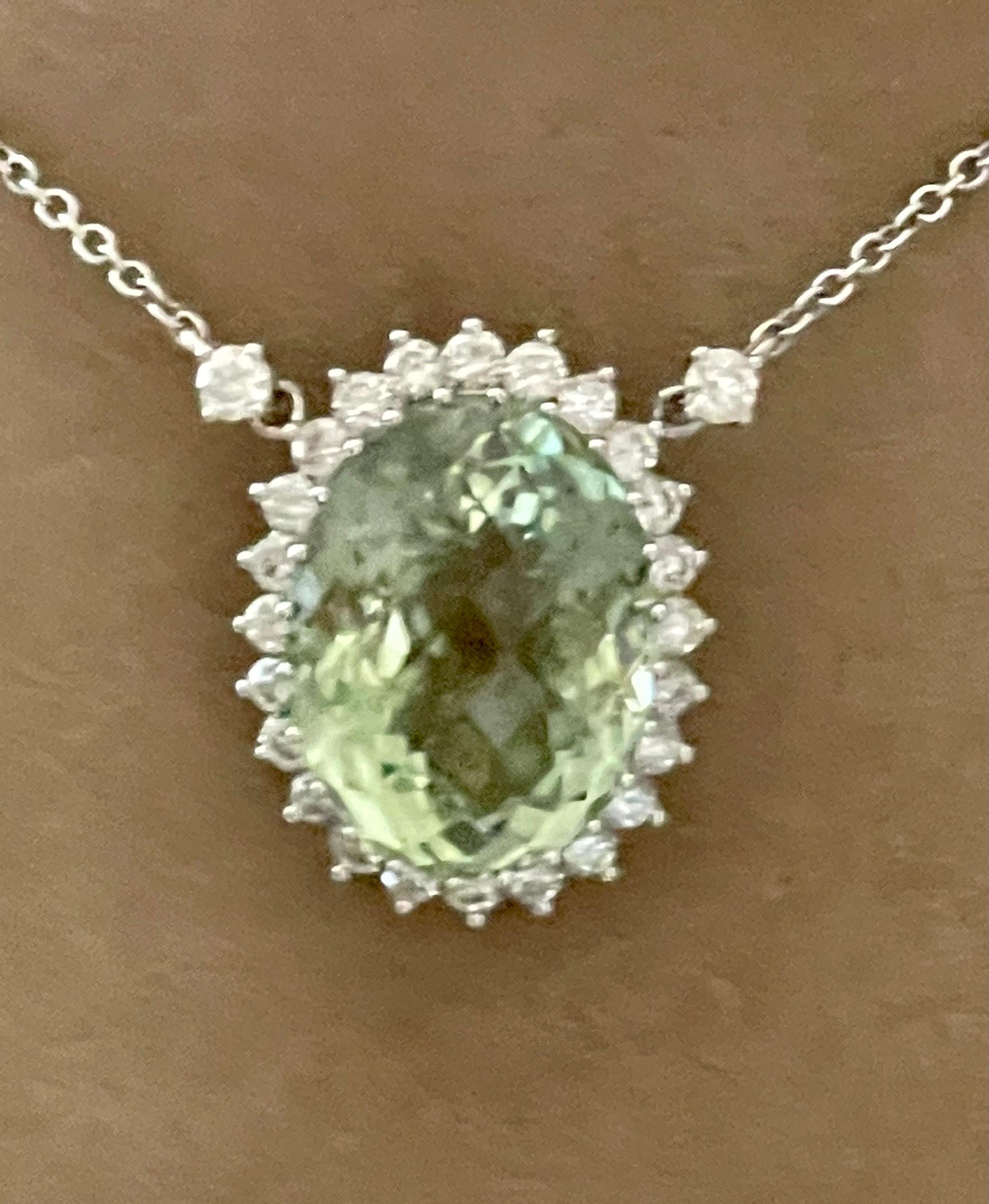 18 K White Gold Chain with Pendant Mint Green Beryl Diamond Surround For Sale 3