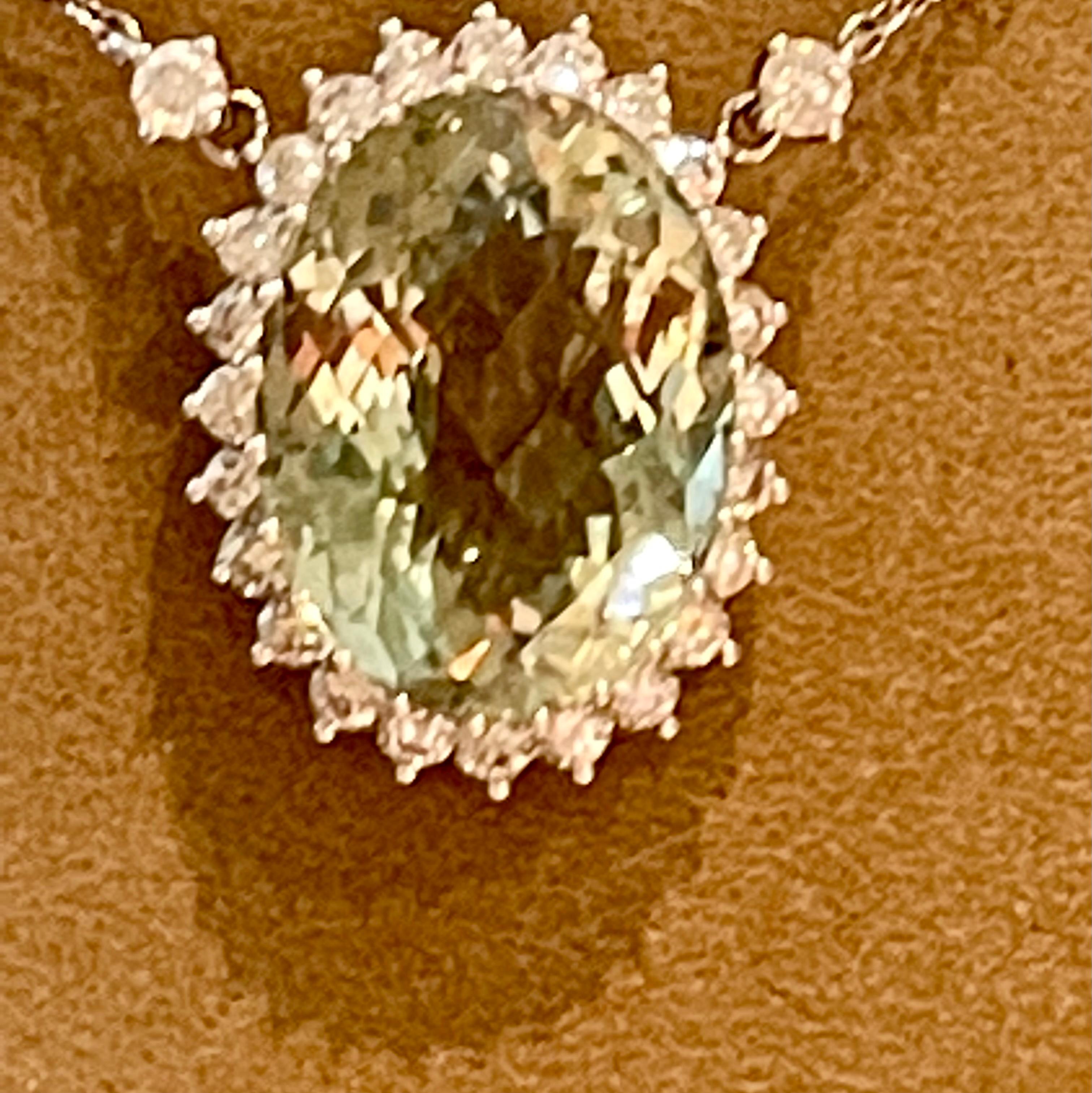 18 K White Gold Chain with Pendant Mint Green Beryl Diamond Surround For Sale 5