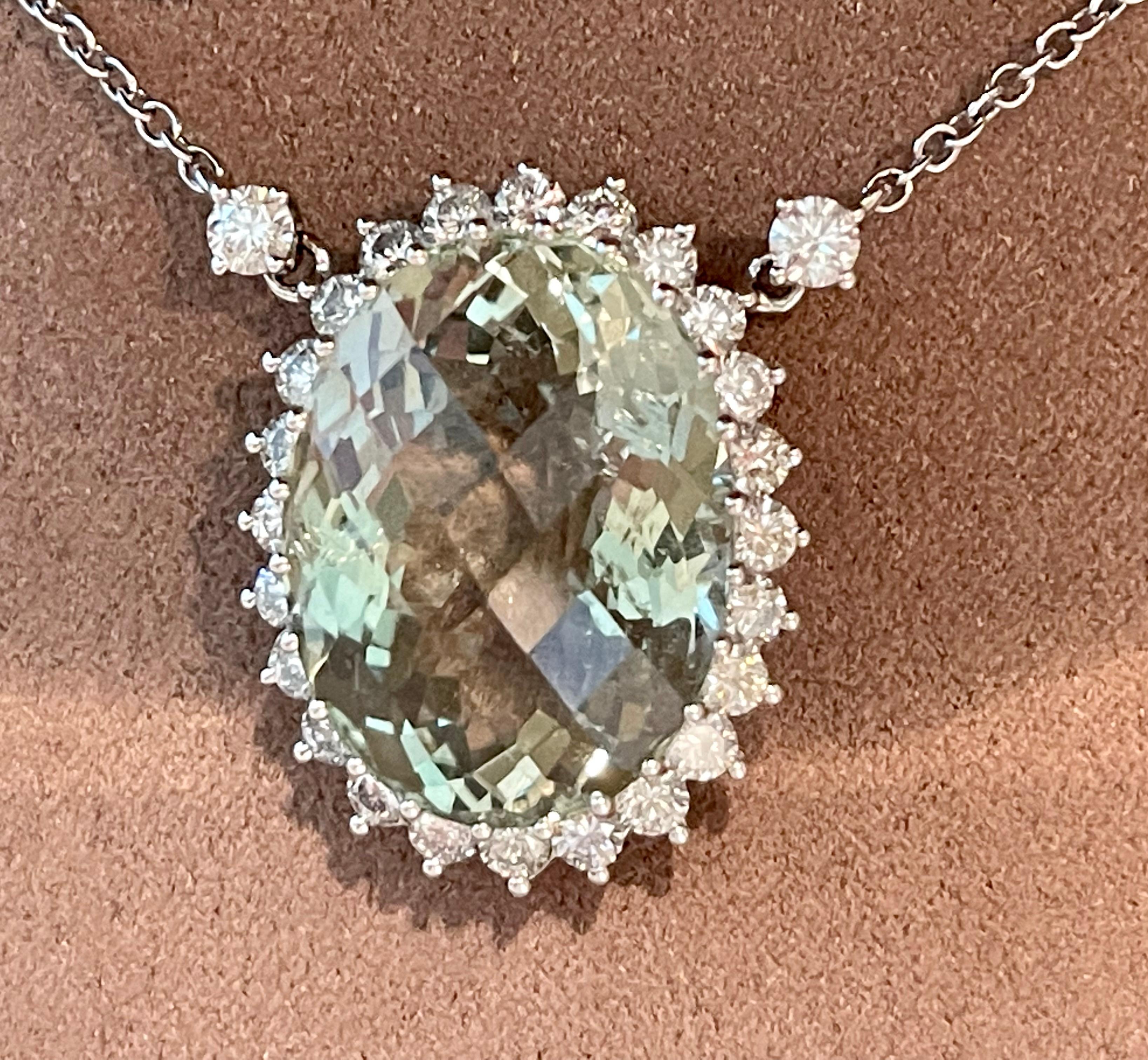 Contemporary 18 K White Gold Chain with Pendant Mint Green Beryl Diamond Surround For Sale