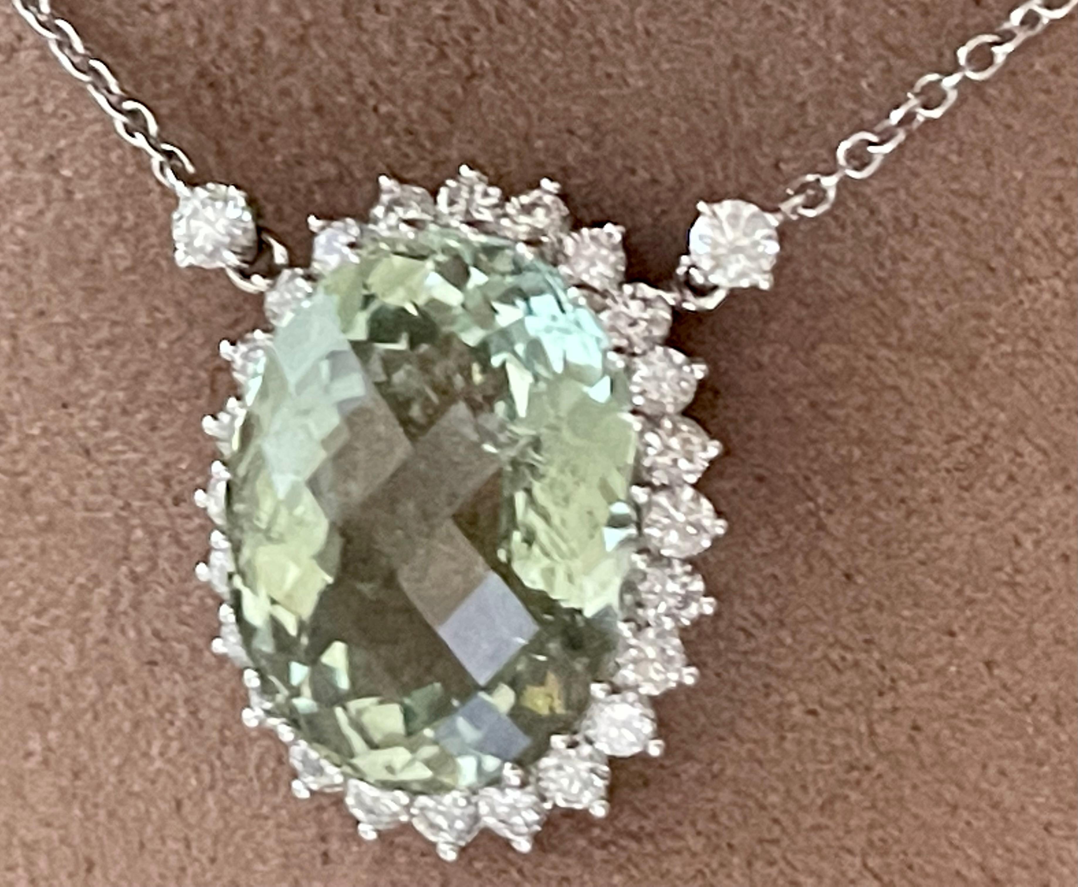 Women's or Men's 18 K White Gold Chain with Pendant Mint Green Beryl Diamond Surround For Sale