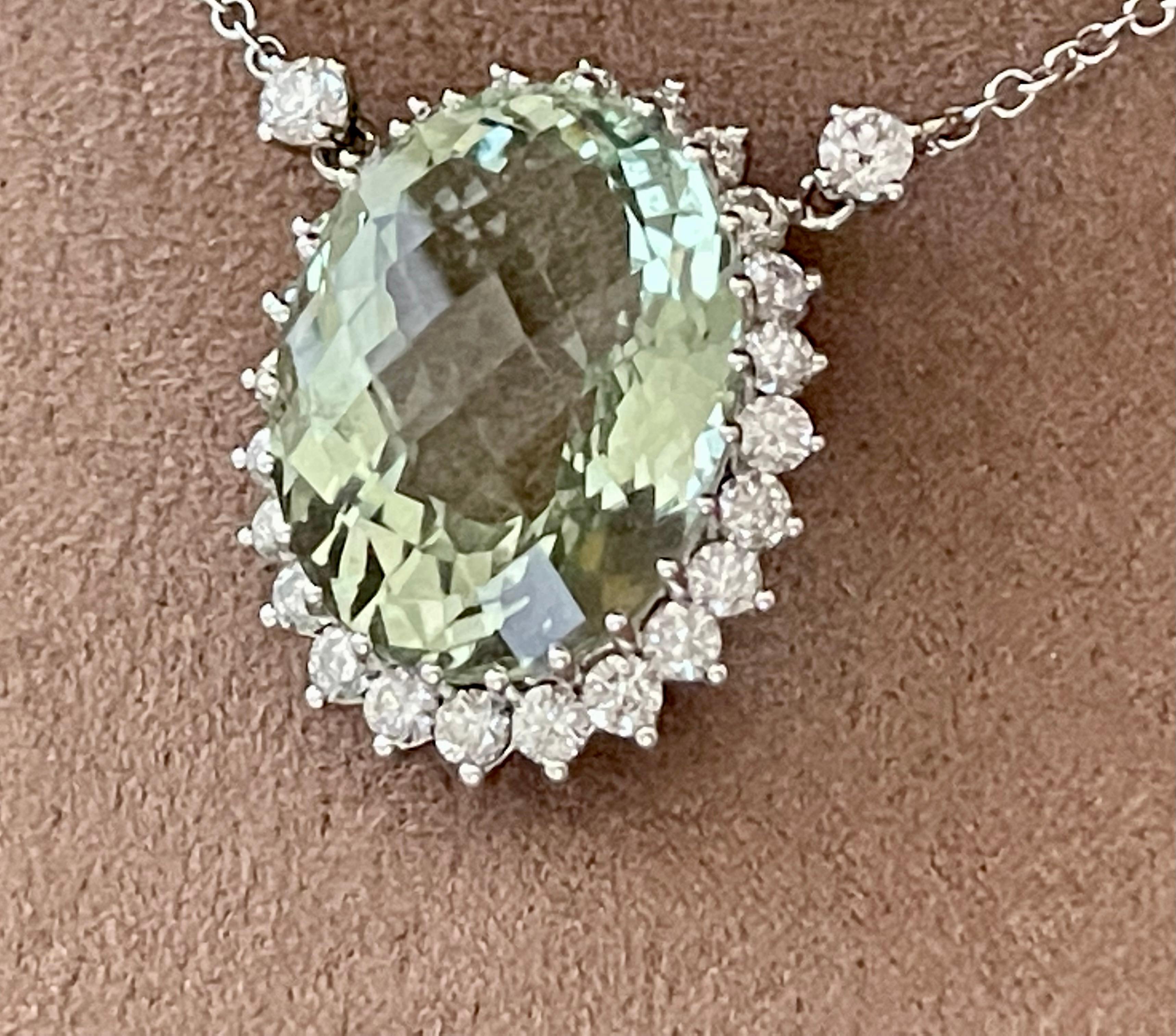 18 K White Gold Chain with Pendant Mint Green Beryl Diamond Surround For Sale 1