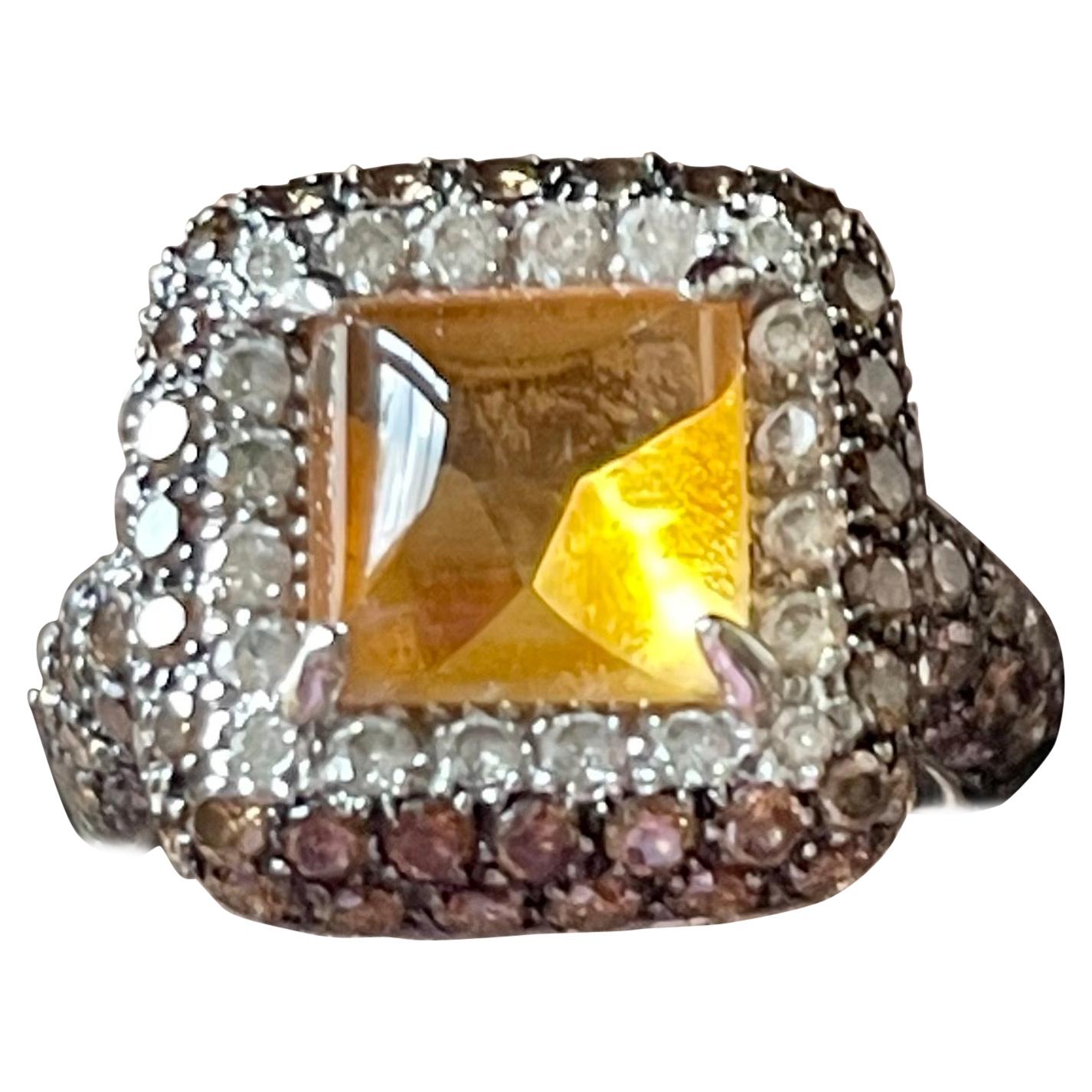 Anillo Cóctel Oro Blanco 18 K Citrino Champagne Diamante Blanco en venta