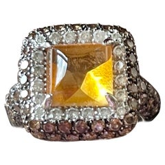 Anillo Cóctel Oro Blanco 18 K Citrino Champagne Diamante Blanco