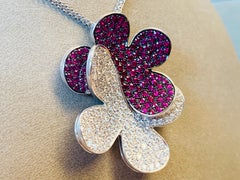 18 Karat White Gold Clover Leaf Ruby and Diamond Pendant with Chain by Salavetti