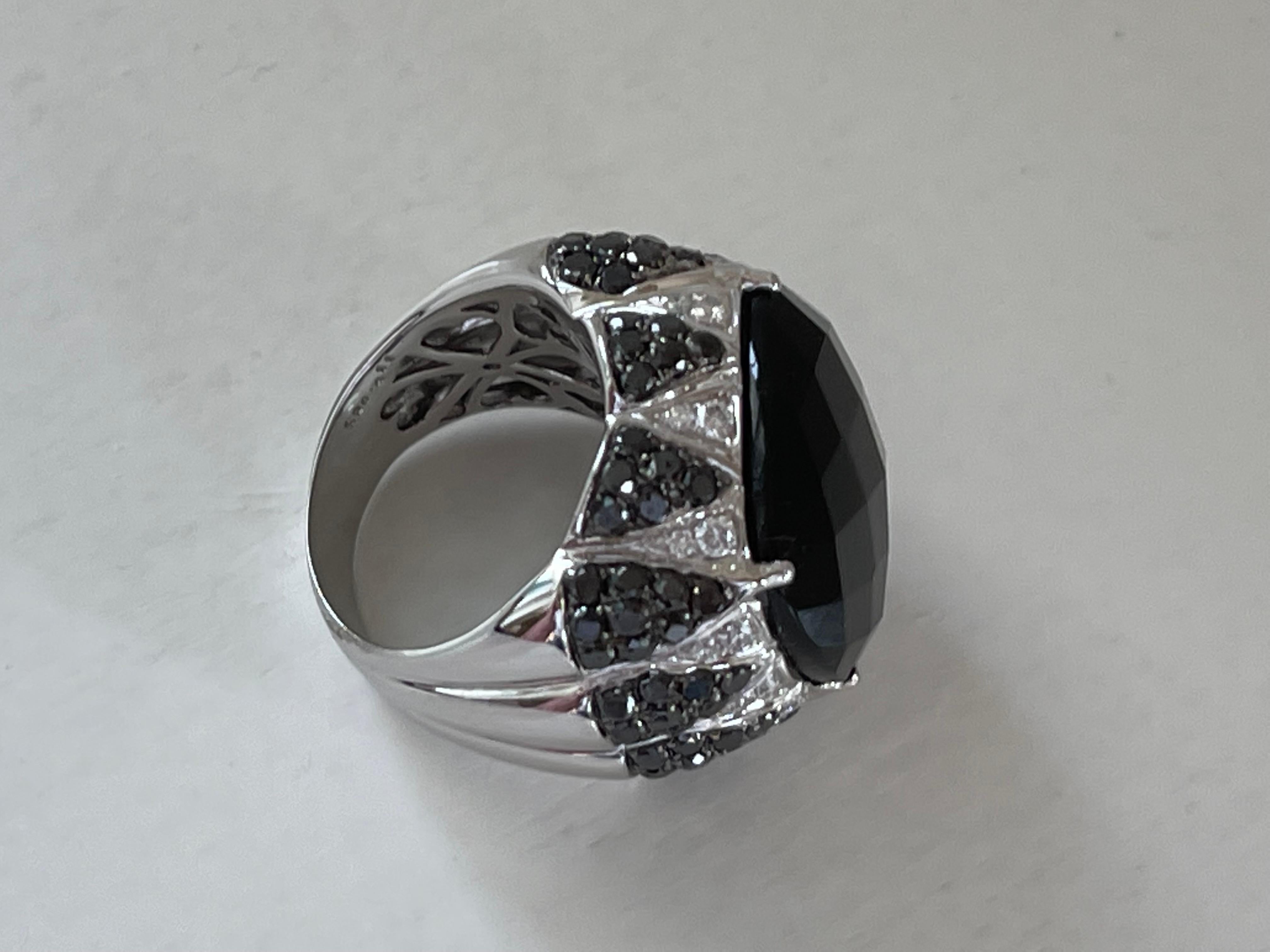 Contemporary 18 K White Gold Cocktail Ring Black White Diamond Smoky Quartz For Sale