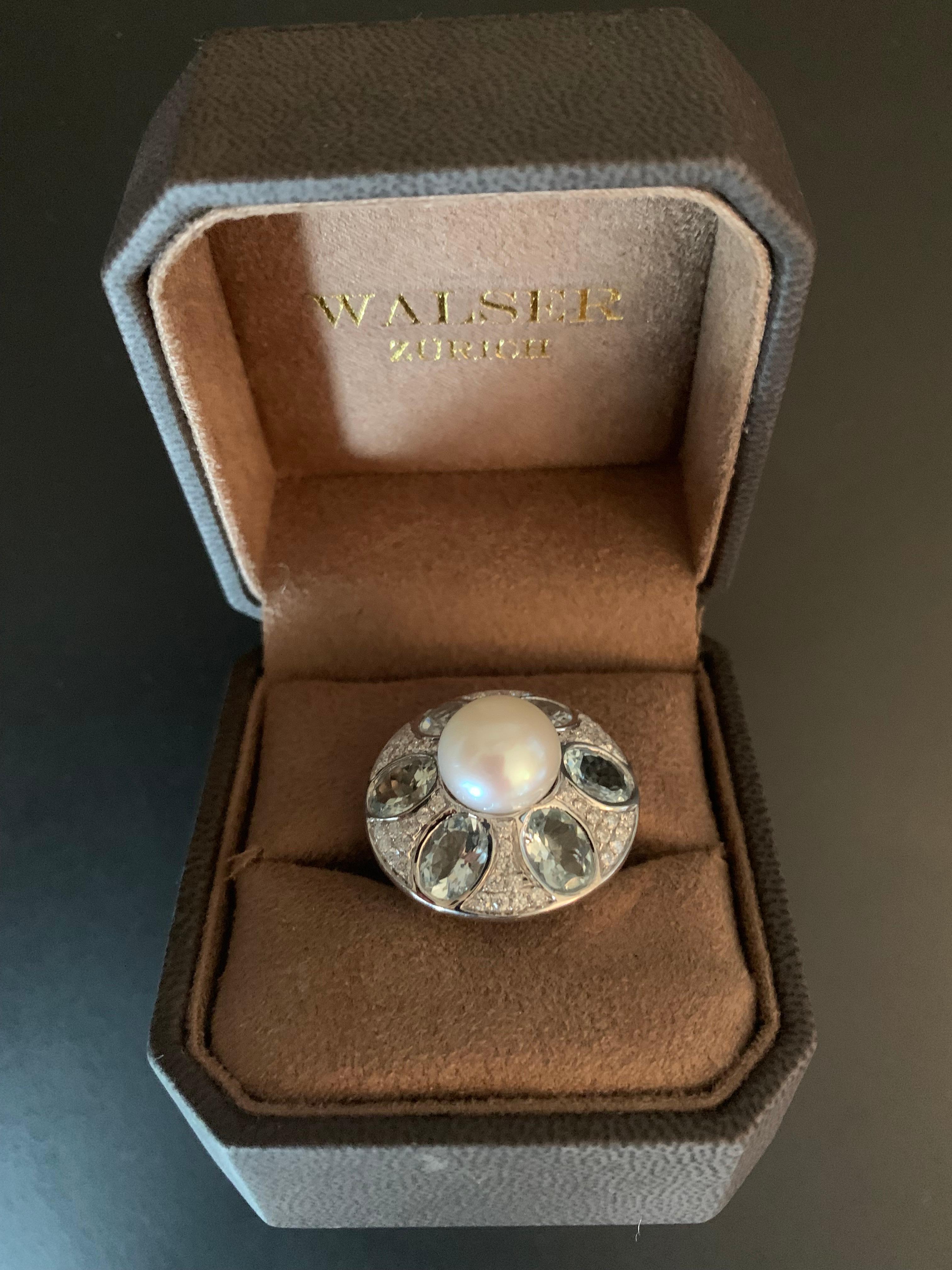 18 K white Gold Cocktail Ring Pearl Aquamarine Diamonds For Sale 6