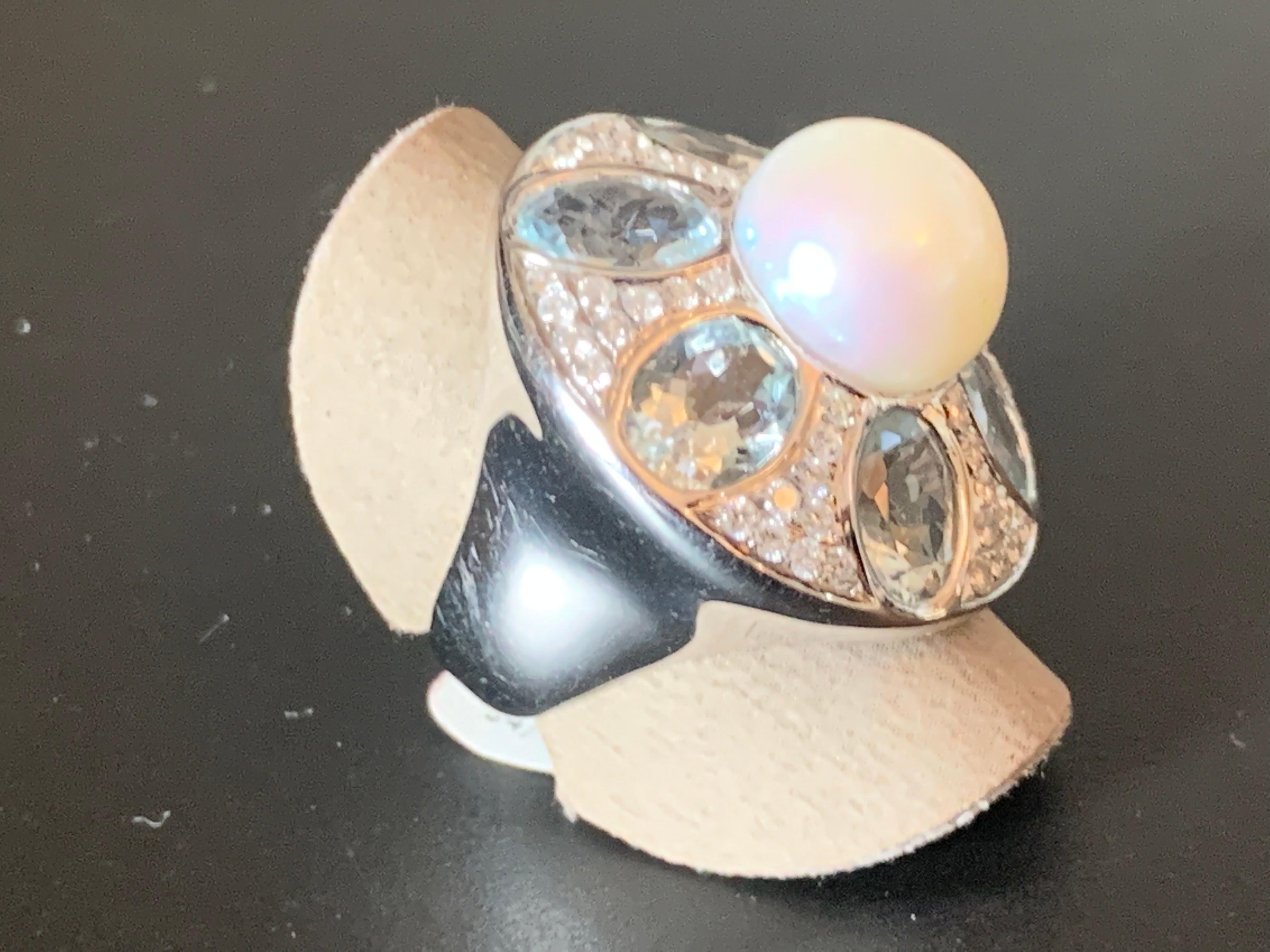 Women's 18 K white Gold Cocktail Ring Pearl Aquamarine Diamonds For Sale