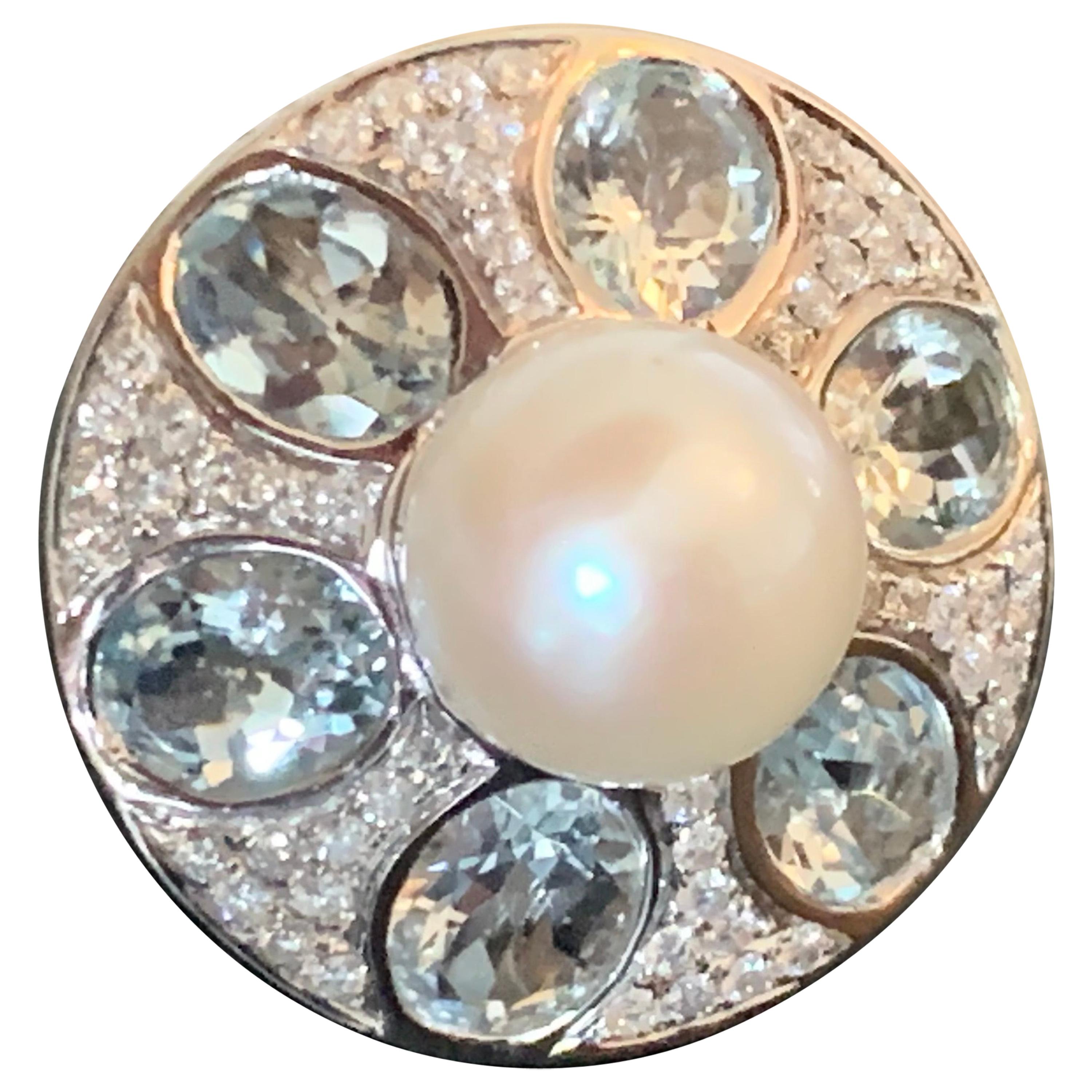 18 K Weißgold Cocktail-Ring Perle Aquamarin Diamanten