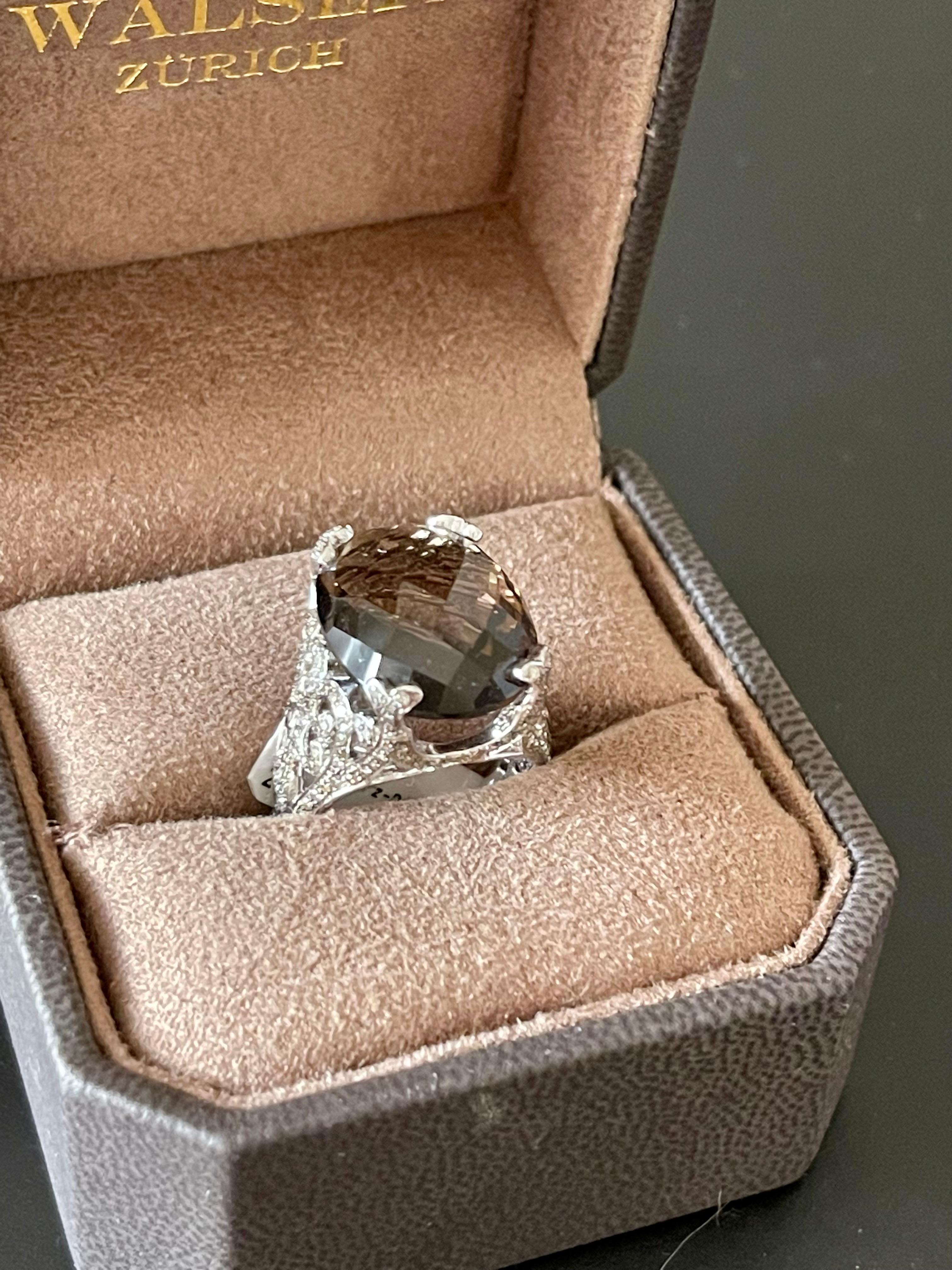 18 K White Gold Cocktail Ring Smoky Quartz Diamonds For Sale 7