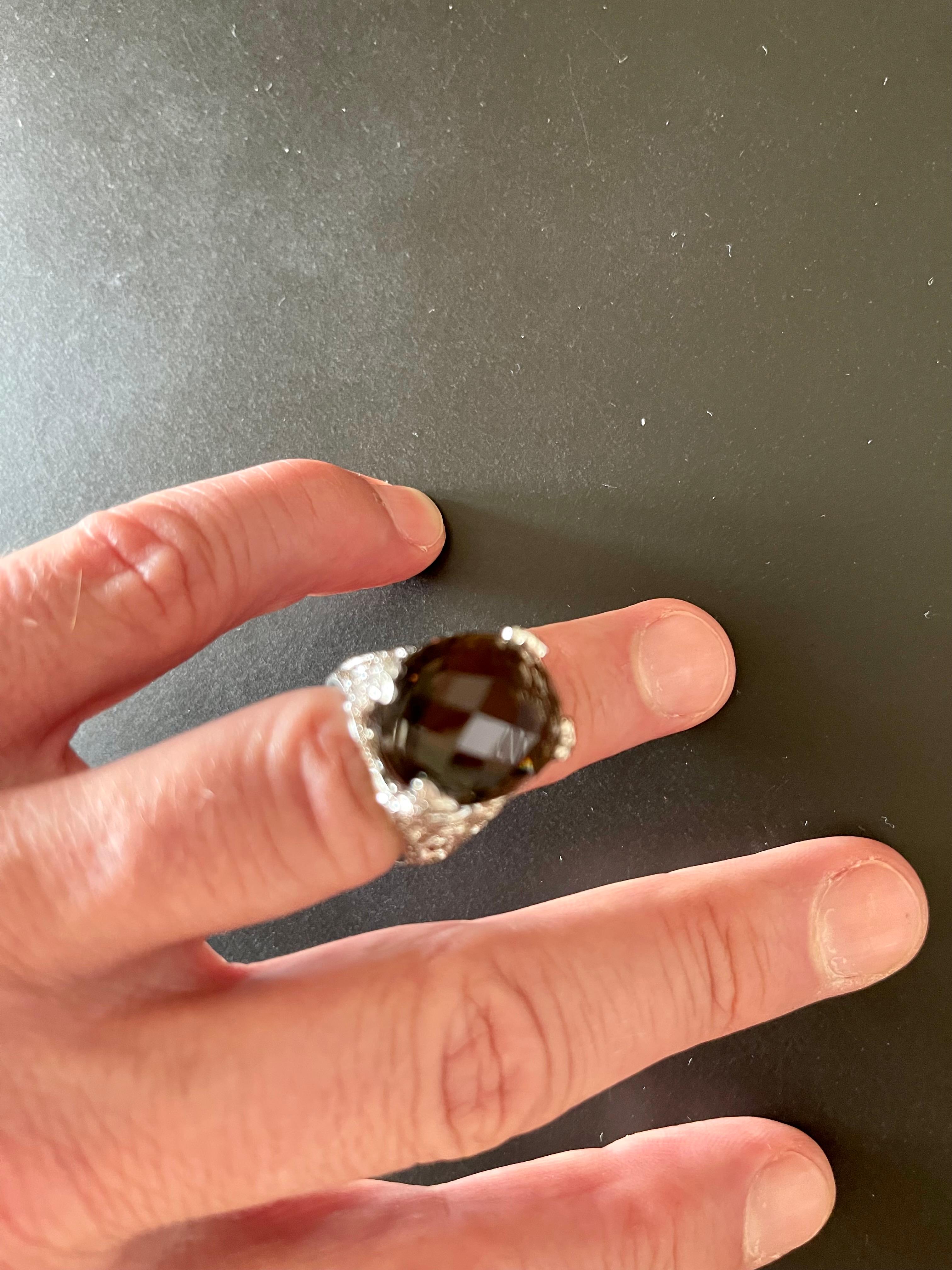 Women's or Men's 18 K White Gold Cocktail Ring Smoky Quartz Diamonds For Sale