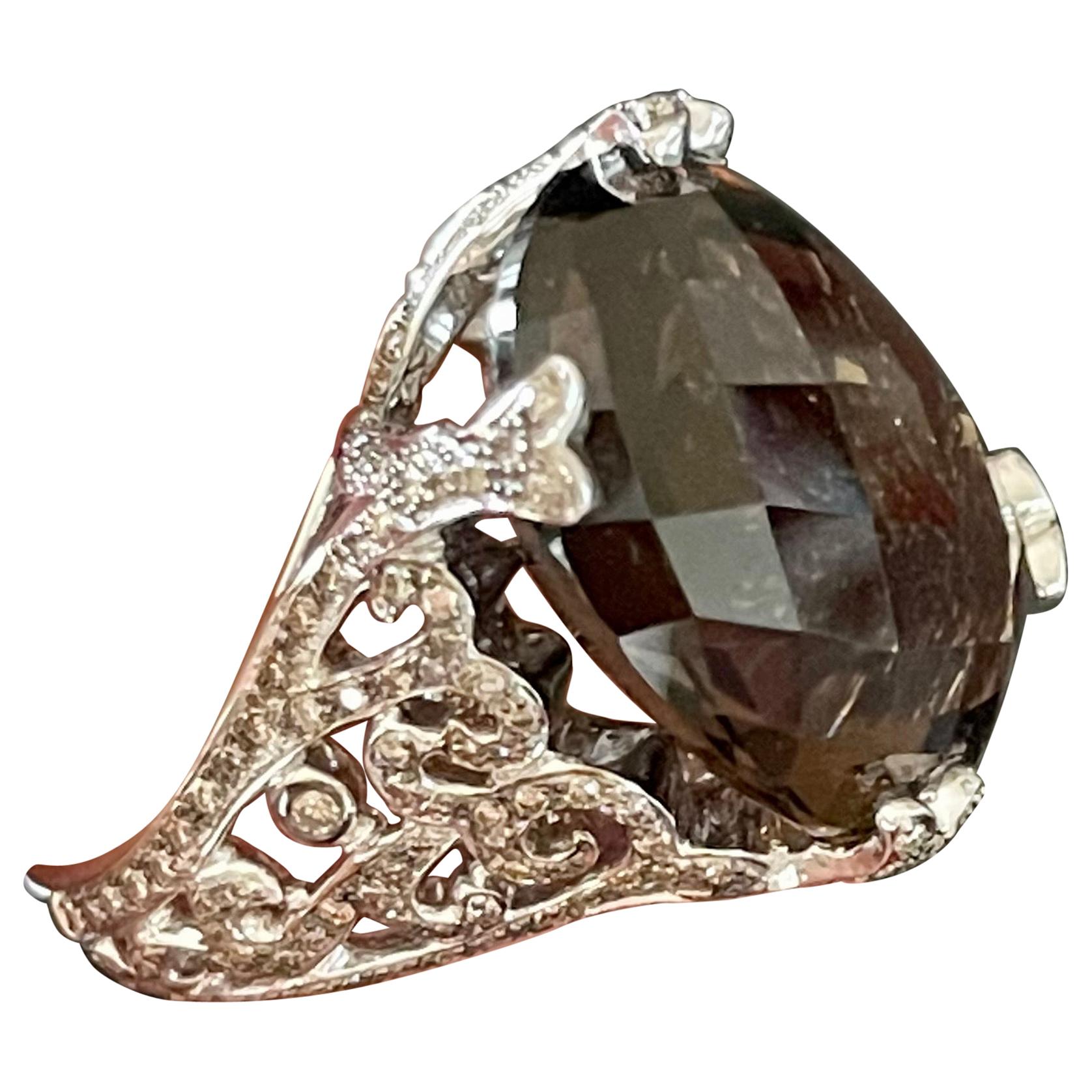 18 K White Gold Cocktail Ring Smoky Quartz Diamonds For Sale