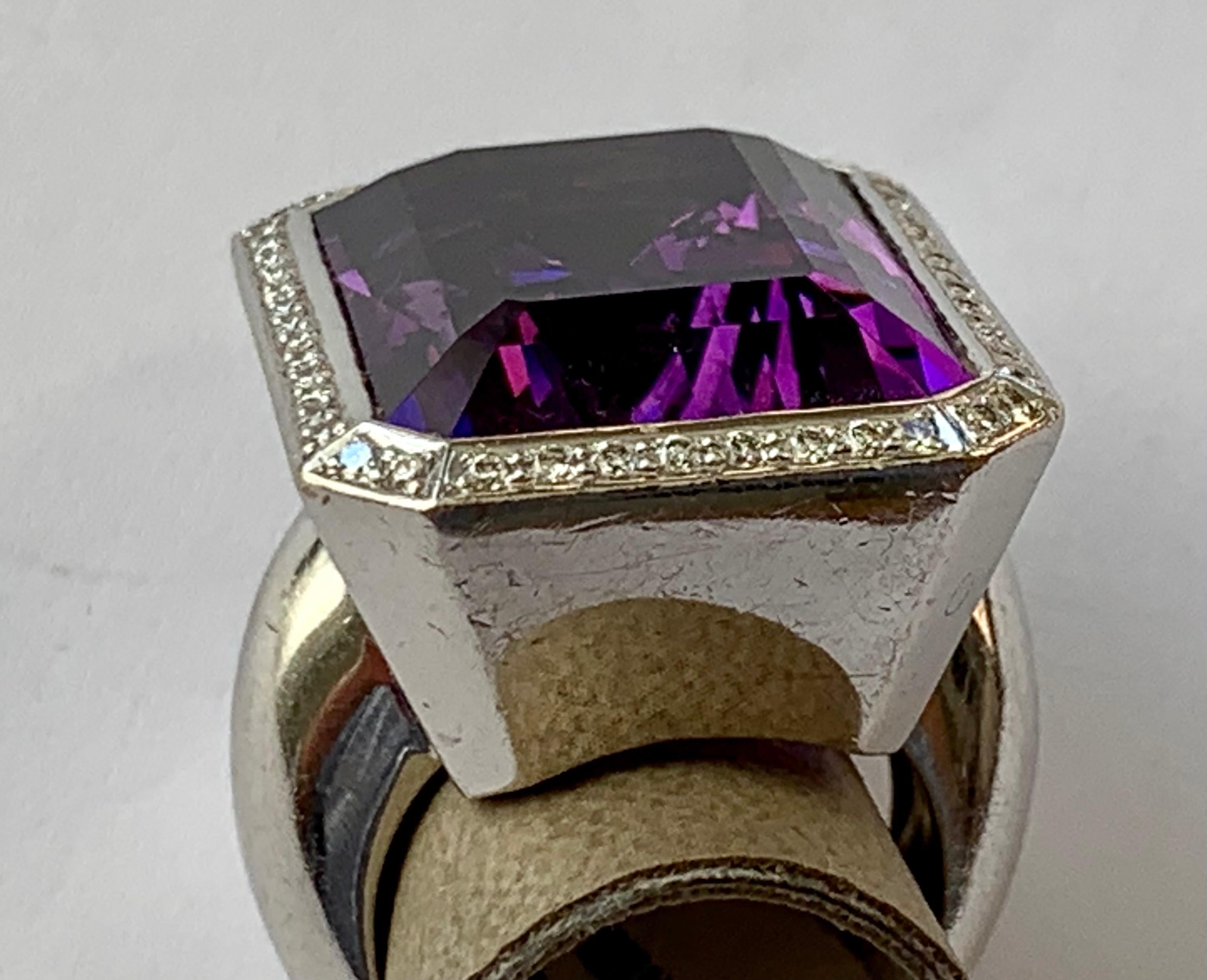 Round Cut 18 Karat White Gold Cocktail Ring with huge Amethyst and Diamonds For Sale