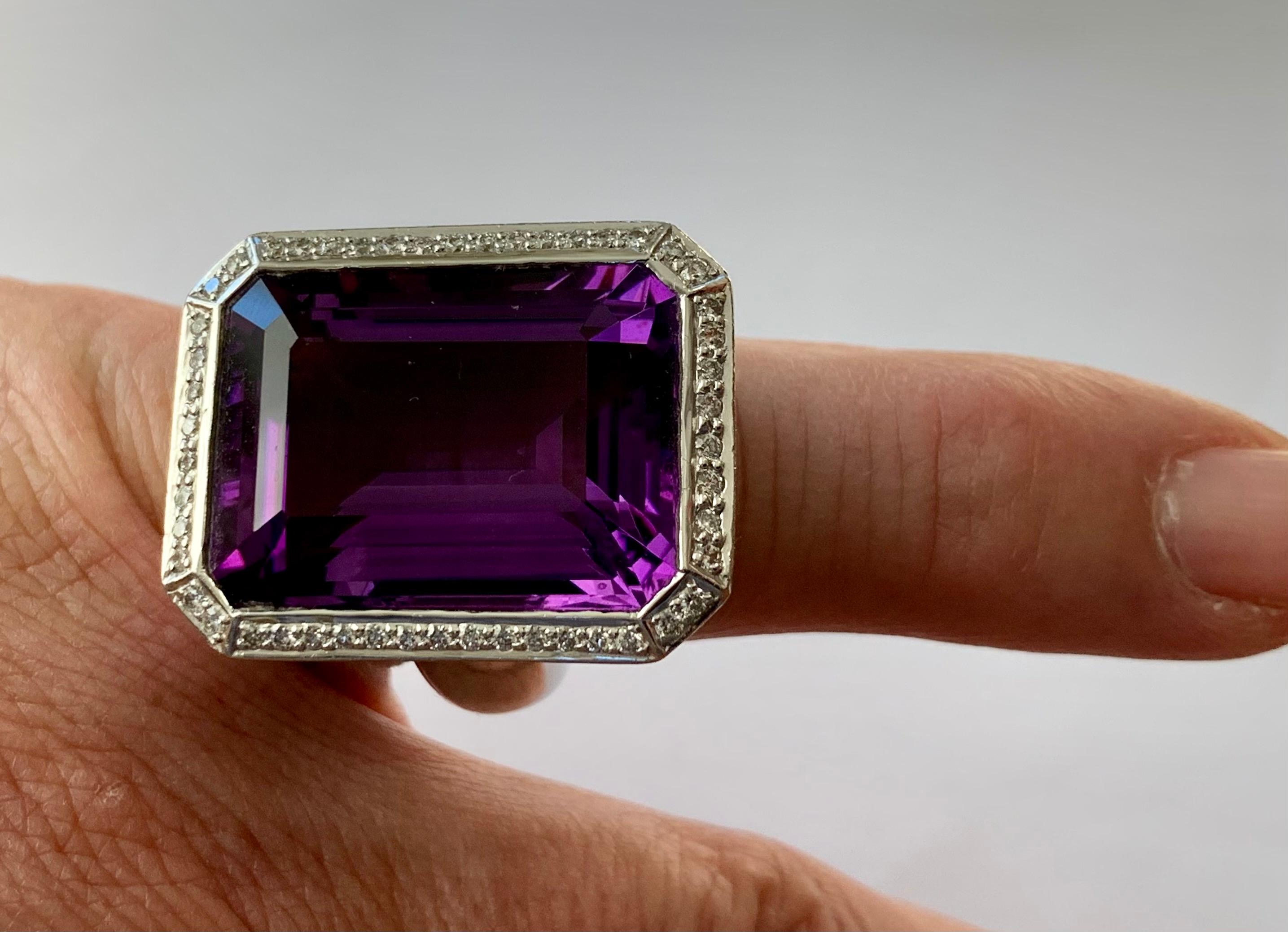 Women's 18 Karat White Gold Cocktail Ring with huge Amethyst and Diamonds For Sale