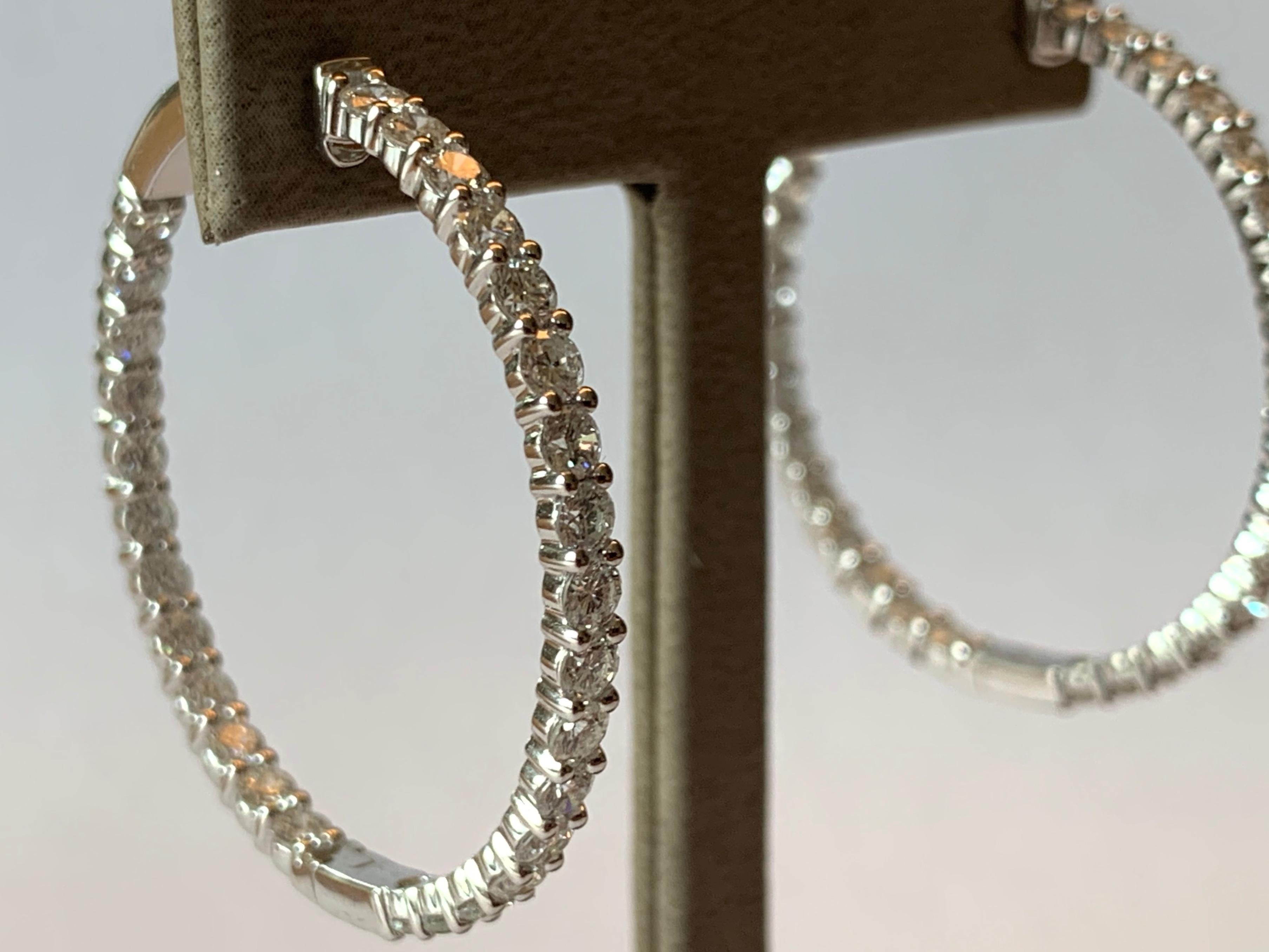 Contemporary 18 Karat White Gold Diamond Inside and Outside Large Hoop Earrings 4.81 Carat