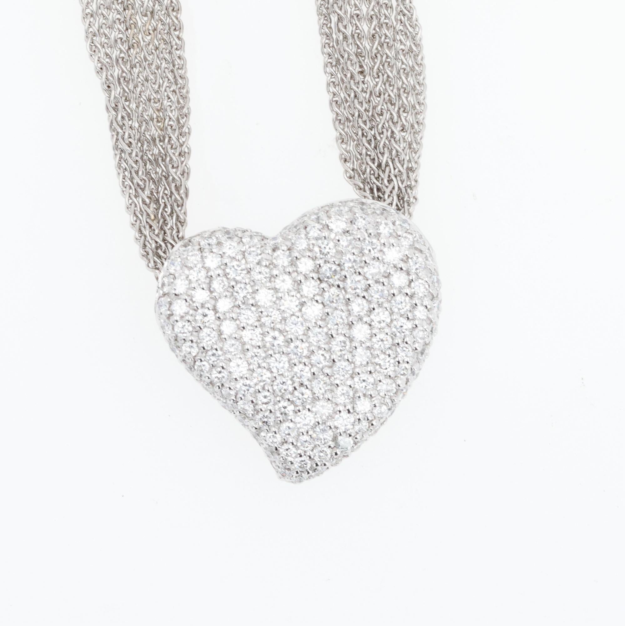 Modern 18k White Gold Diamond Pave Heart Necklace