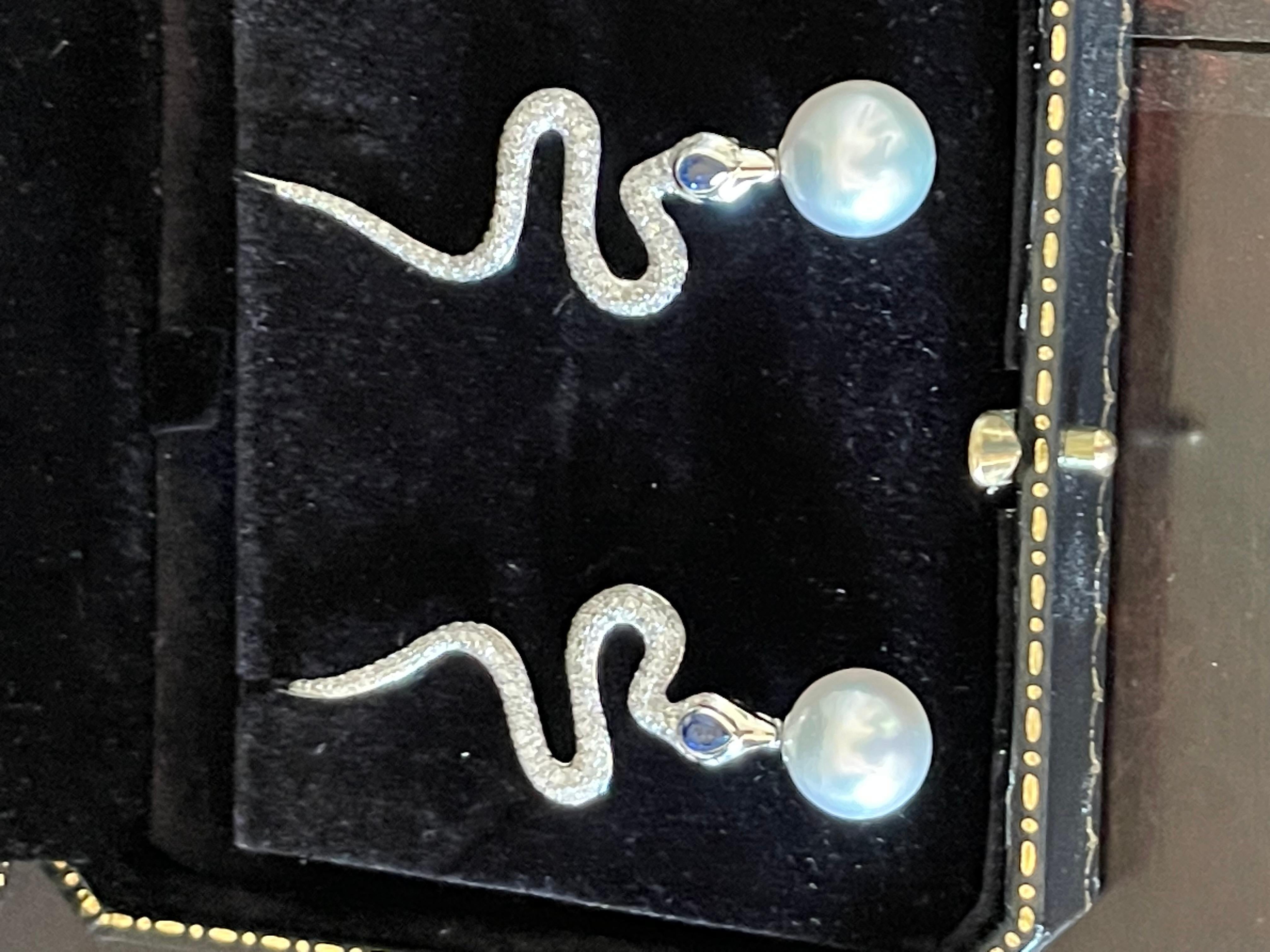 18K White Gold Diamond Sapphire South Sea Pearl Snake Earings For Sale 4