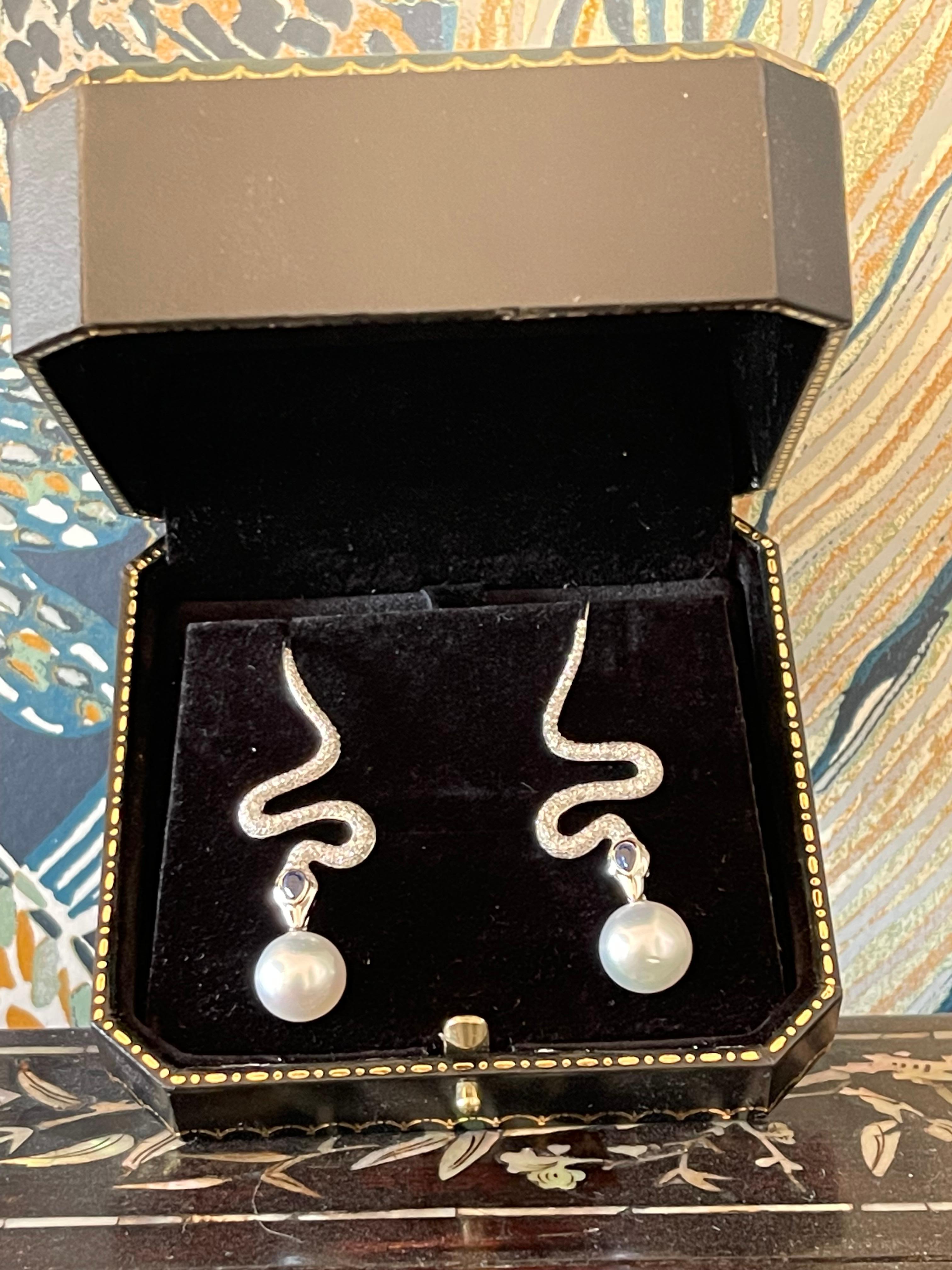 18K White Gold Diamond Sapphire South Sea Pearl Snake Earings For Sale 5