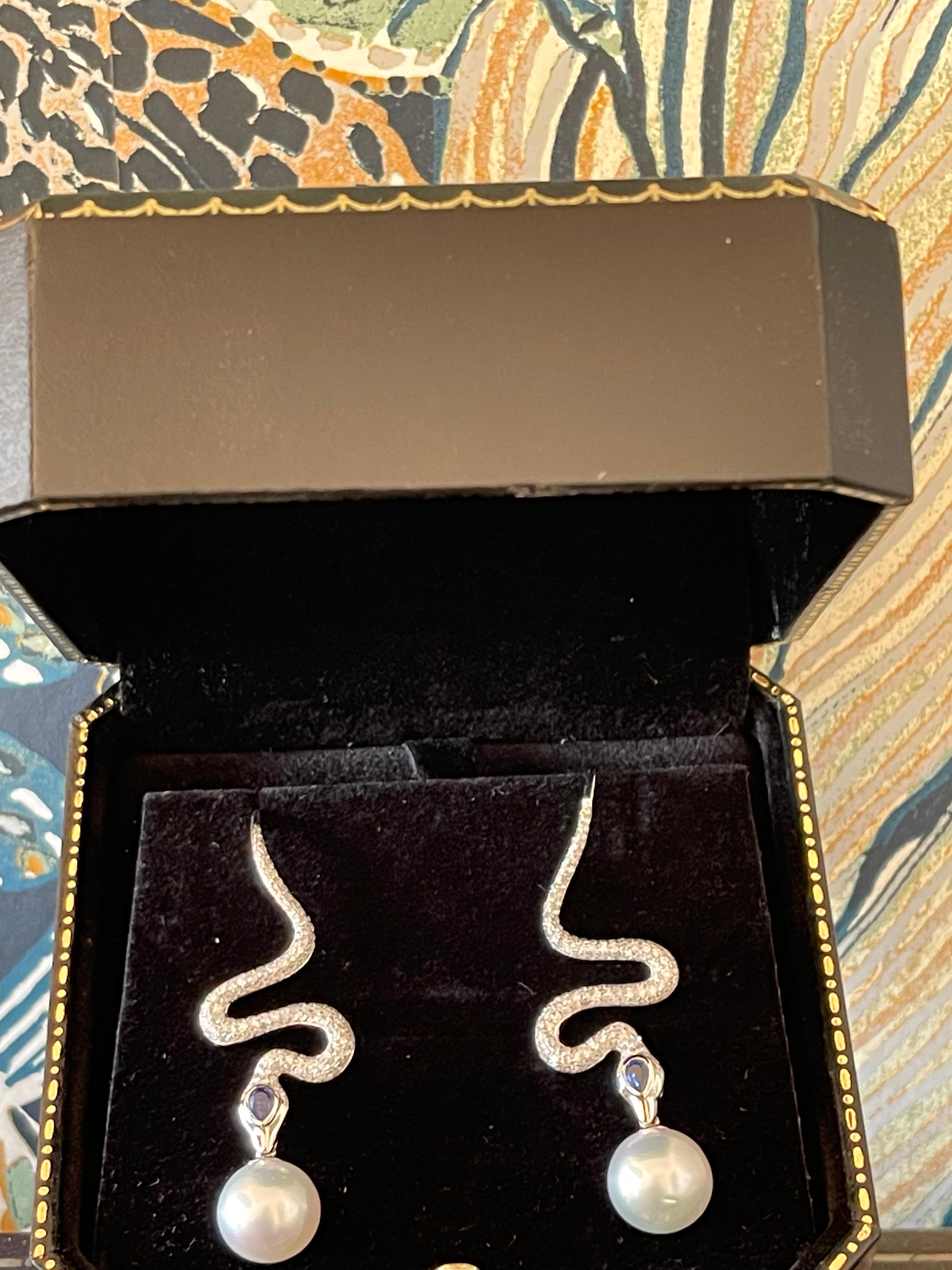 18K White Gold Diamond Sapphire South Sea Pearl Snake Earings For Sale 6