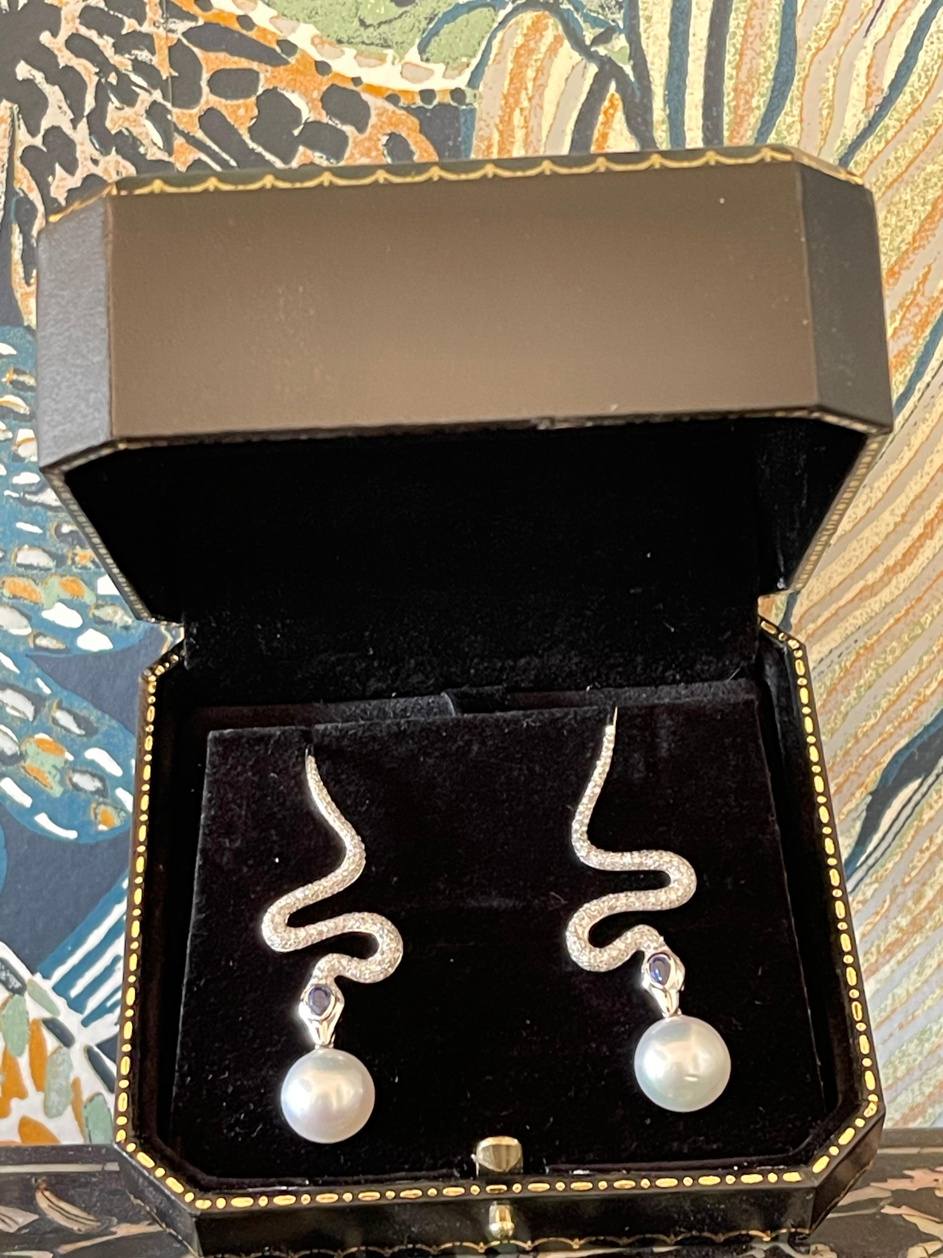 18K White Gold Diamond Sapphire South Sea Pearl Snake Earings For Sale 7