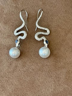 18K White Gold Diamond Sapphire South Sea Pearl Snake Earings