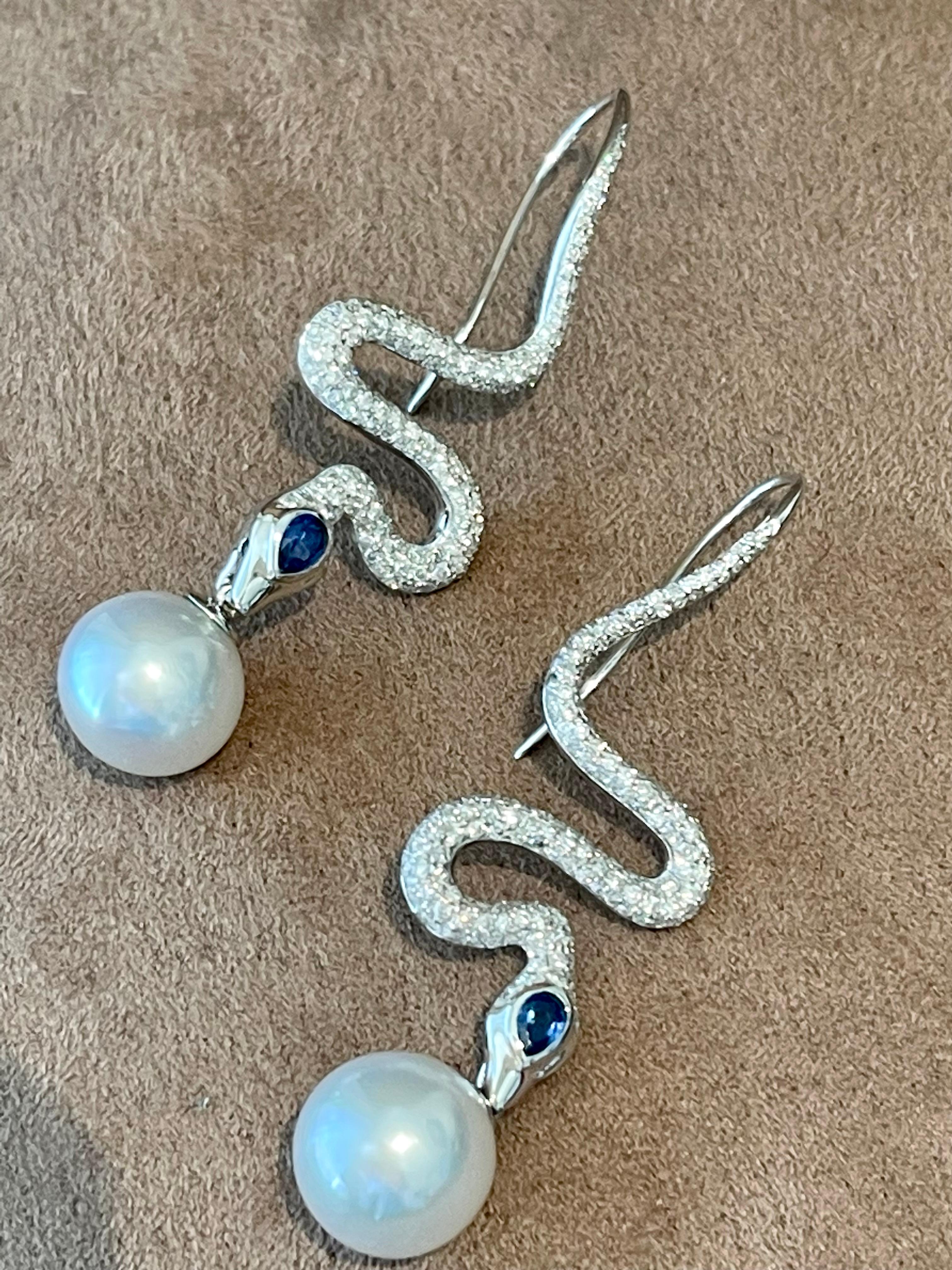Brilliant Cut 18K White Gold Diamond Sapphire South Sea Pearl Snake Earings For Sale