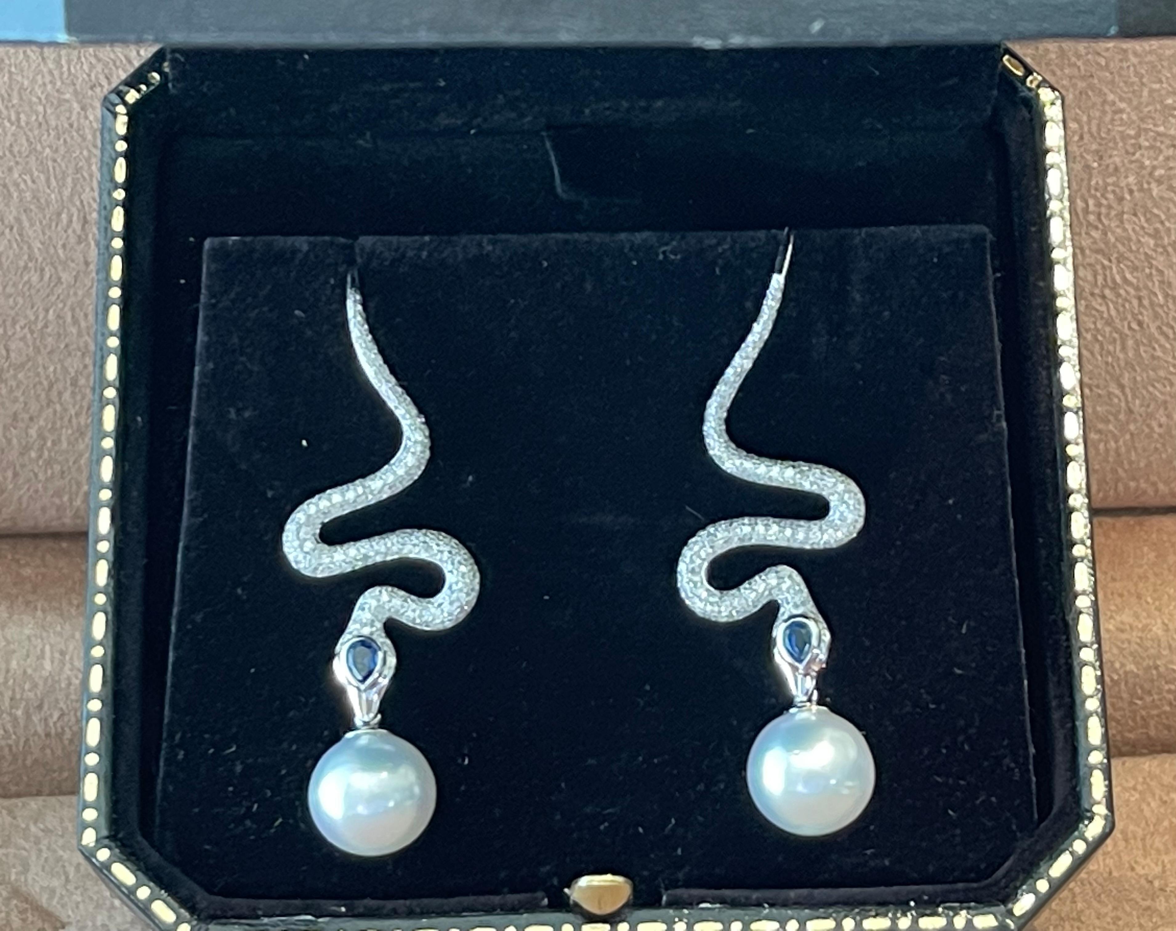Women's 18K White Gold Diamond Sapphire South Sea Pearl Snake Earings For Sale