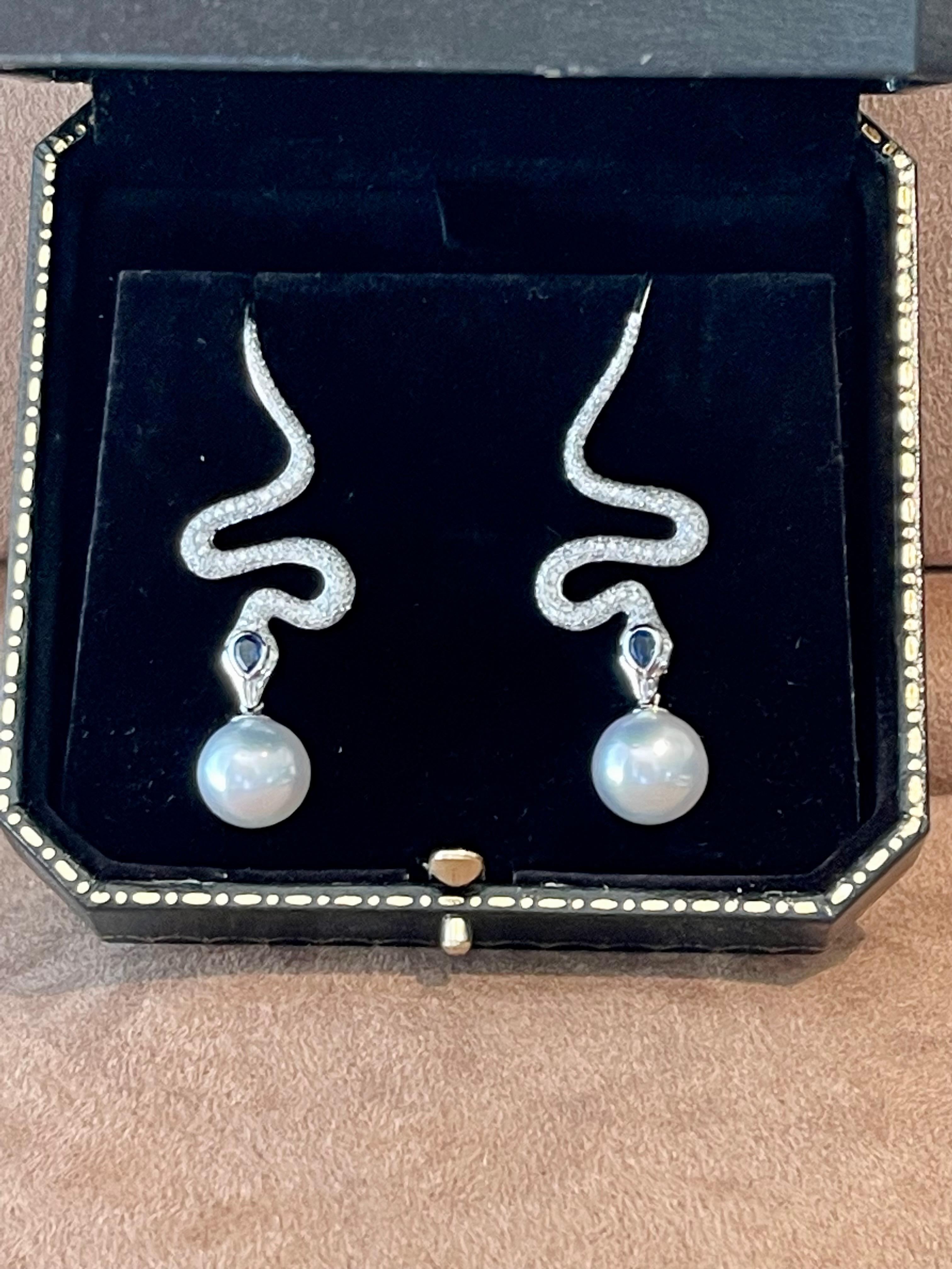 18K White Gold Diamond Sapphire South Sea Pearl Snake Earings For Sale 1