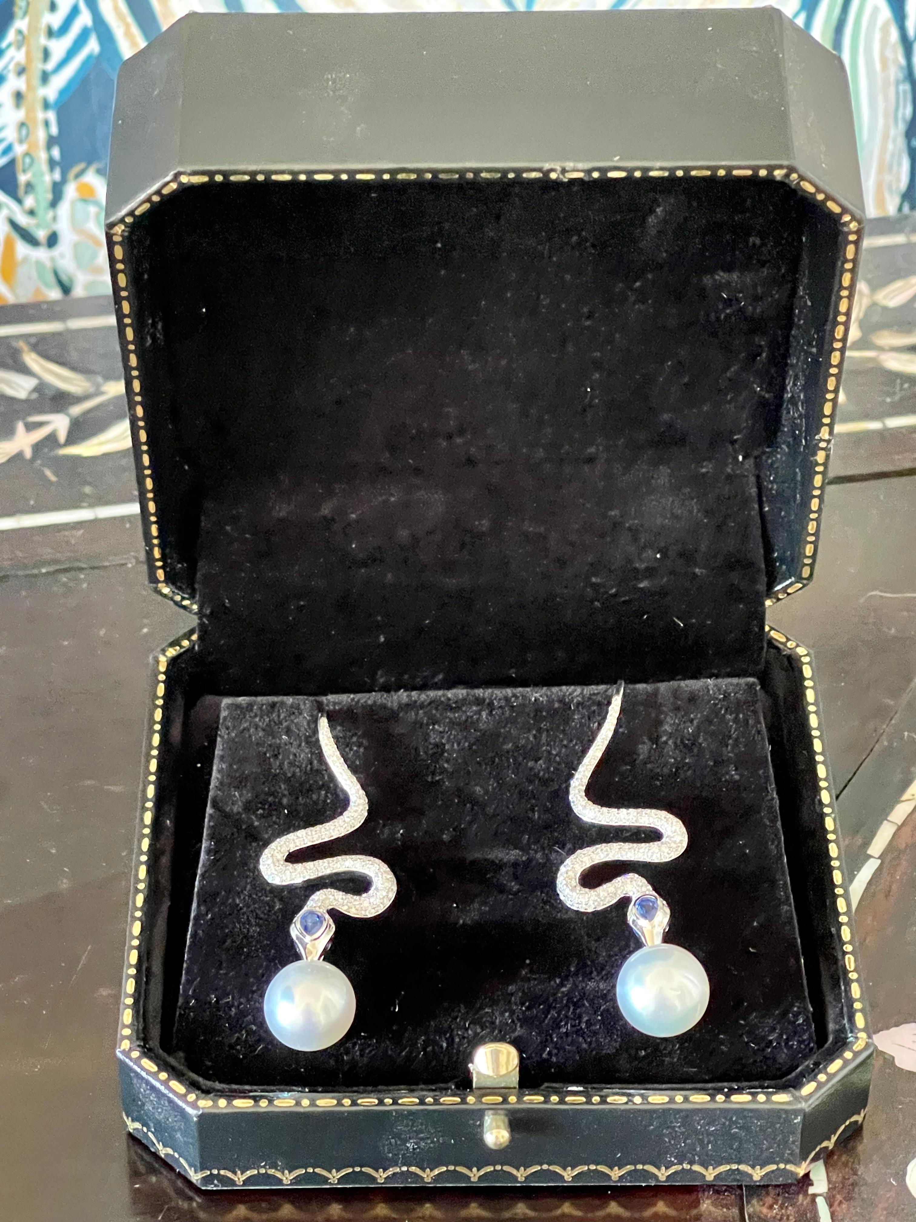 18K White Gold Diamond Sapphire South Sea Pearl Snake Earings For Sale 2