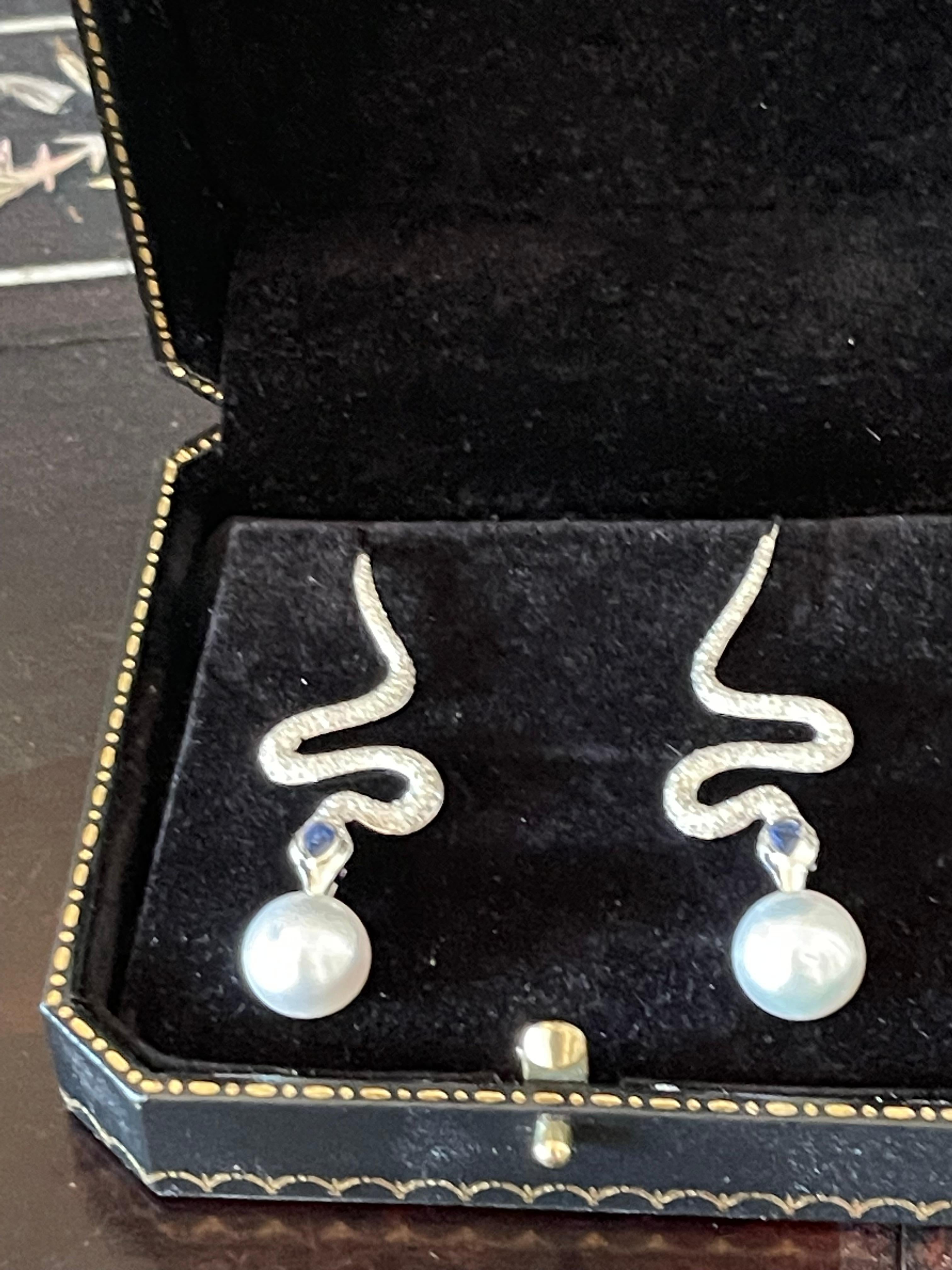 18K White Gold Diamond Sapphire South Sea Pearl Snake Earings For Sale 3