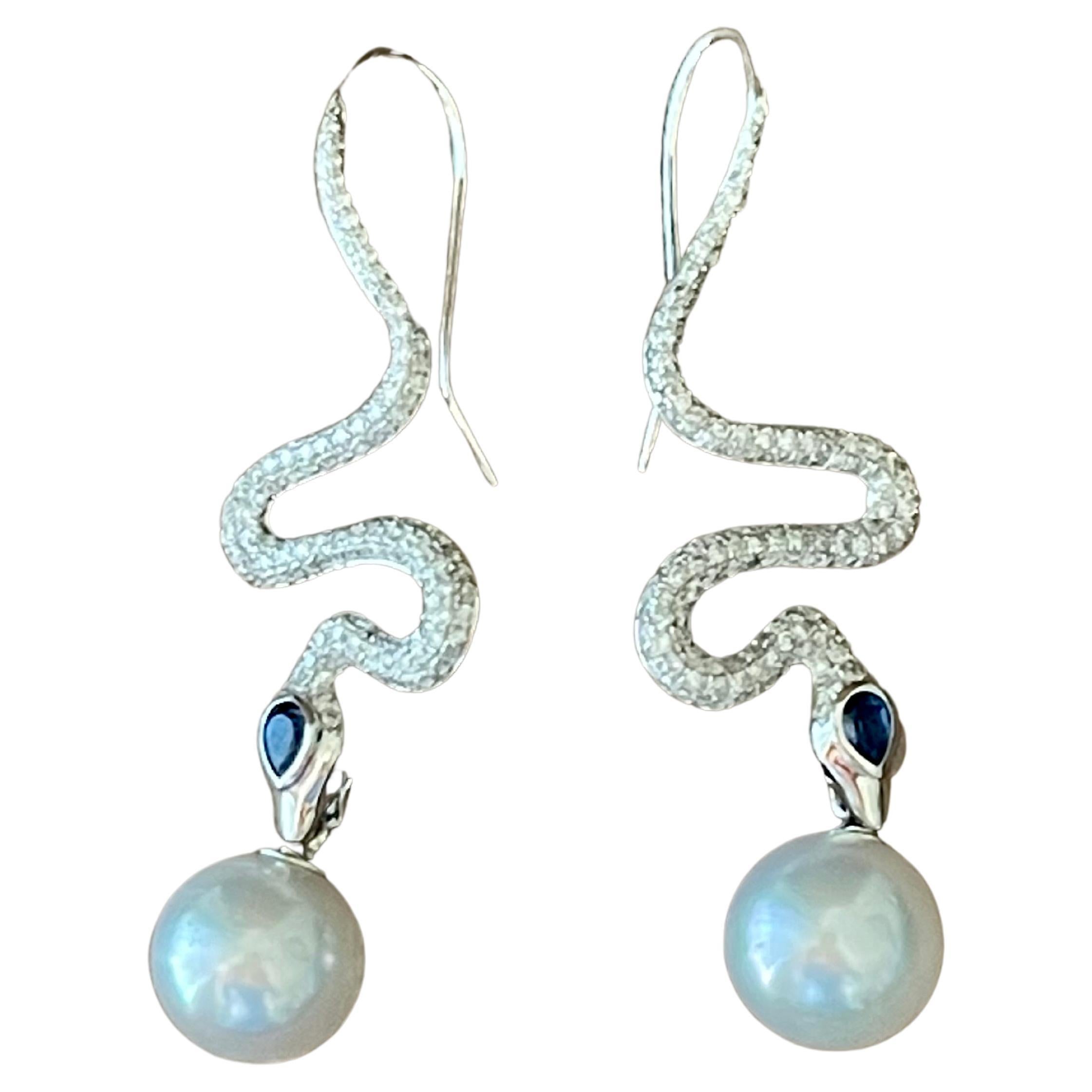 18K White Gold Diamond Sapphire South Sea Pearl Snake Earings For Sale