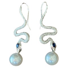 18K White Gold Diamond Sapphire South Sea Pearl Snake Earings