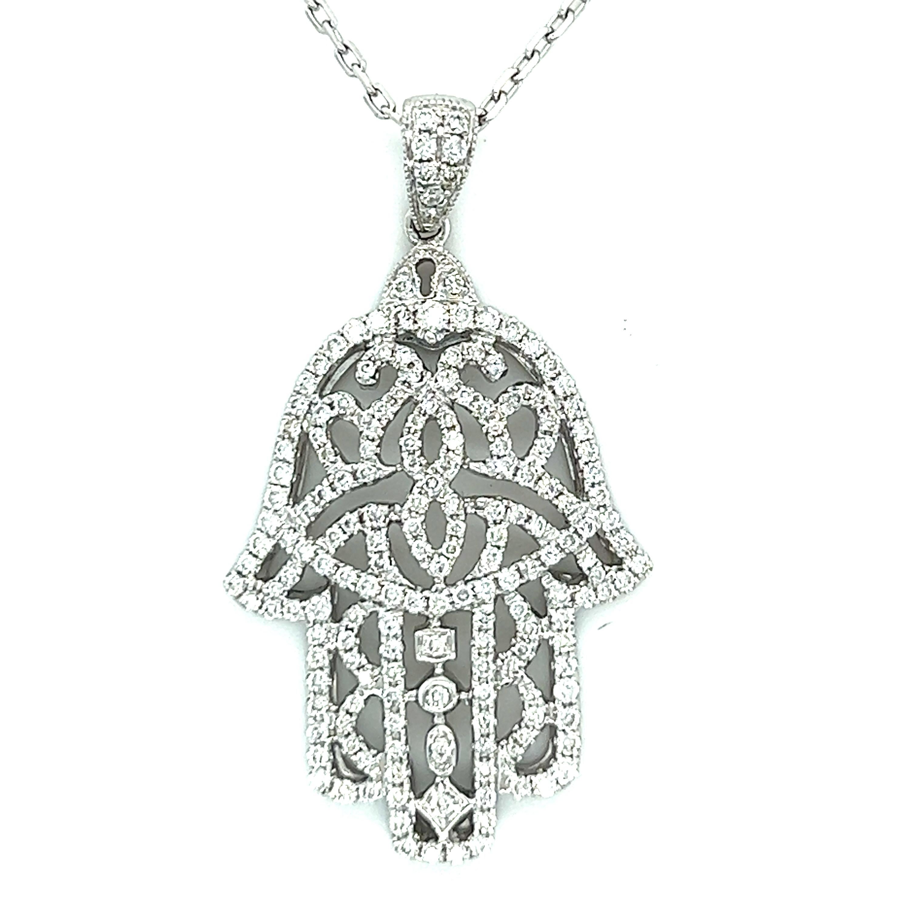 18 K White Gold Diamonds Protection Hand Necklace

186 Diamonds 1.08 CT
18 K White Gold 8.09 GM

Bring a bit of good luck and protection into your life with this 18 K White Gold Diamonds Protection Hand Necklace.

Whether you want to wear it on its