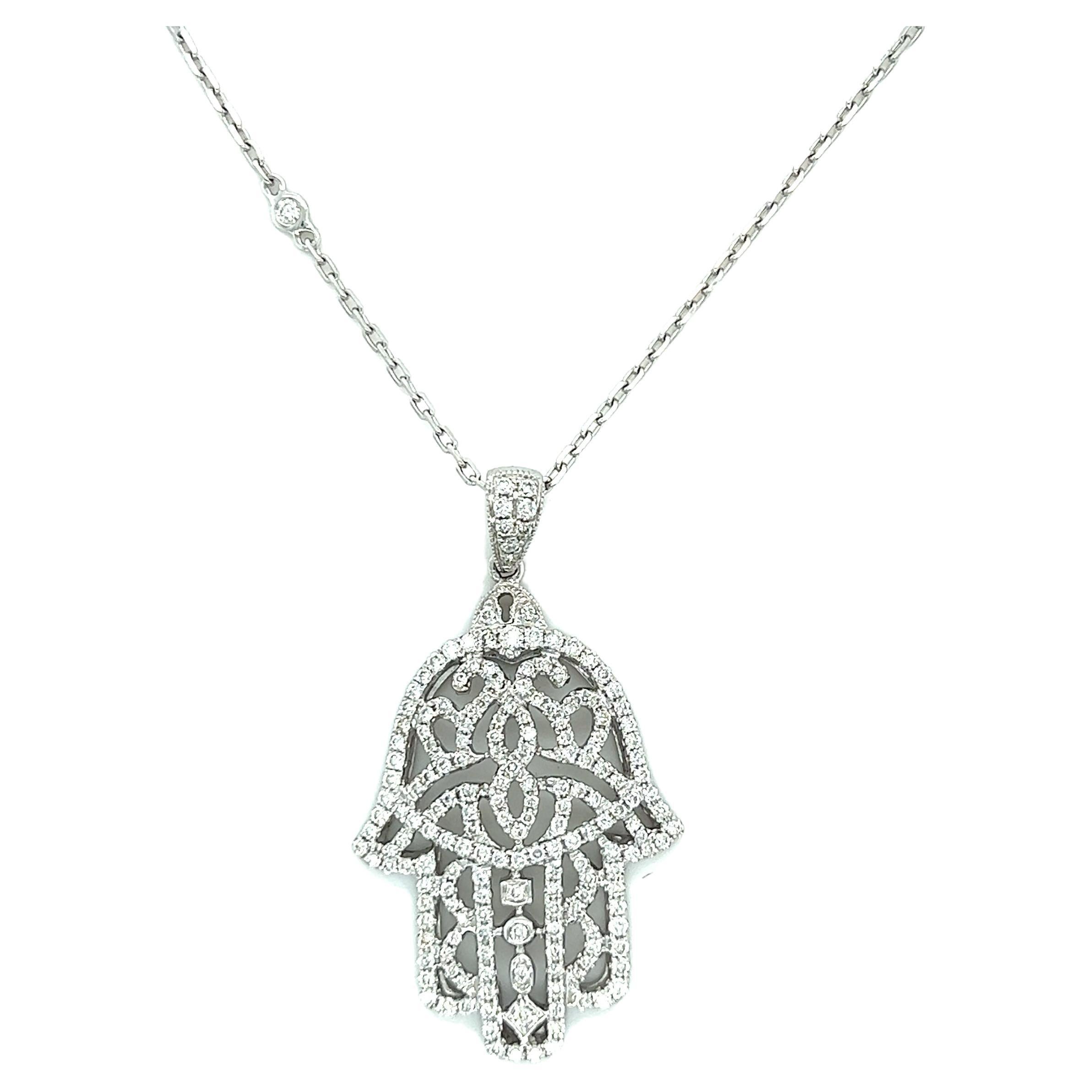 18 K White Gold Diamonds Protection Hand Necklace For Sale