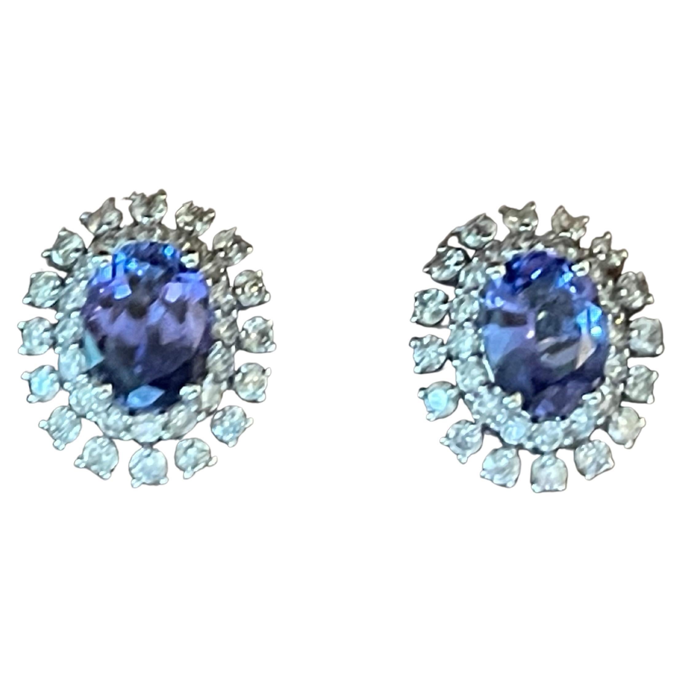 18k White Gold Double Halo Tanzanite Diamonds Earrings For Sale