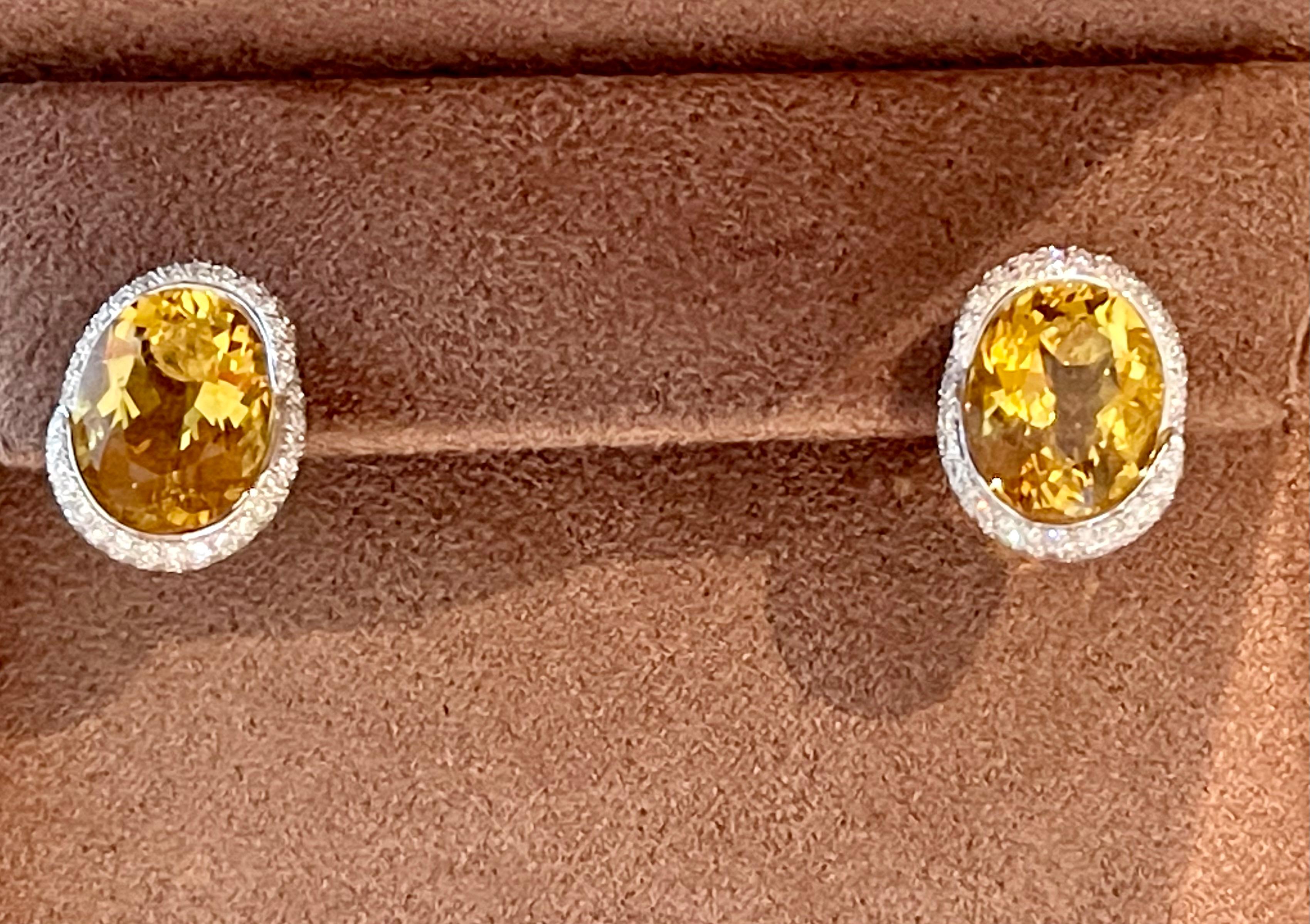 Oval Cut 18 K White Gold Earstuds Diamonds Yellow Beryl Gubelin Lucerne For Sale
