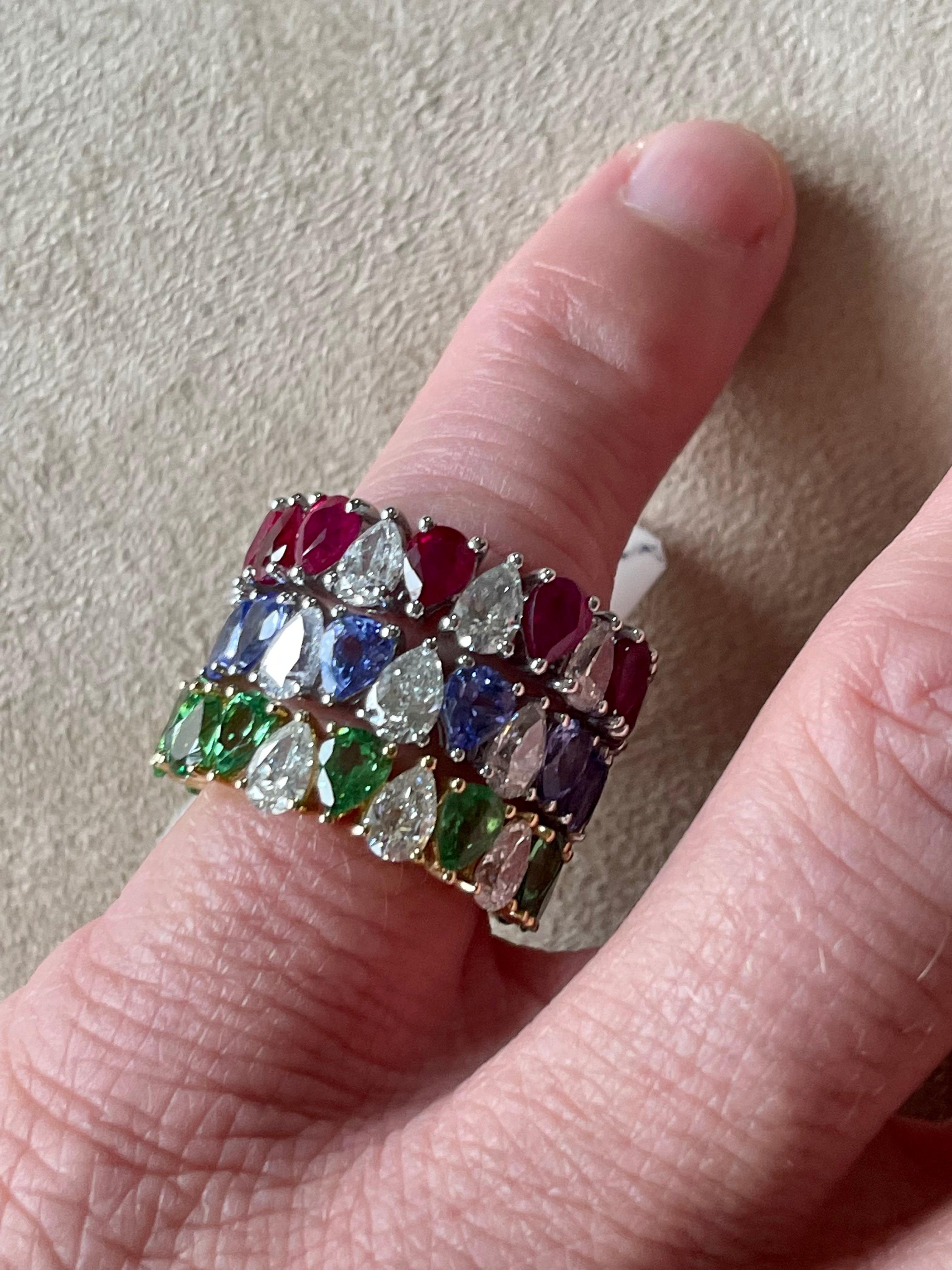 Women's or Men's 18 K White Gold Eternity Ring Pear Shape Ruby Diamonds  For Sale