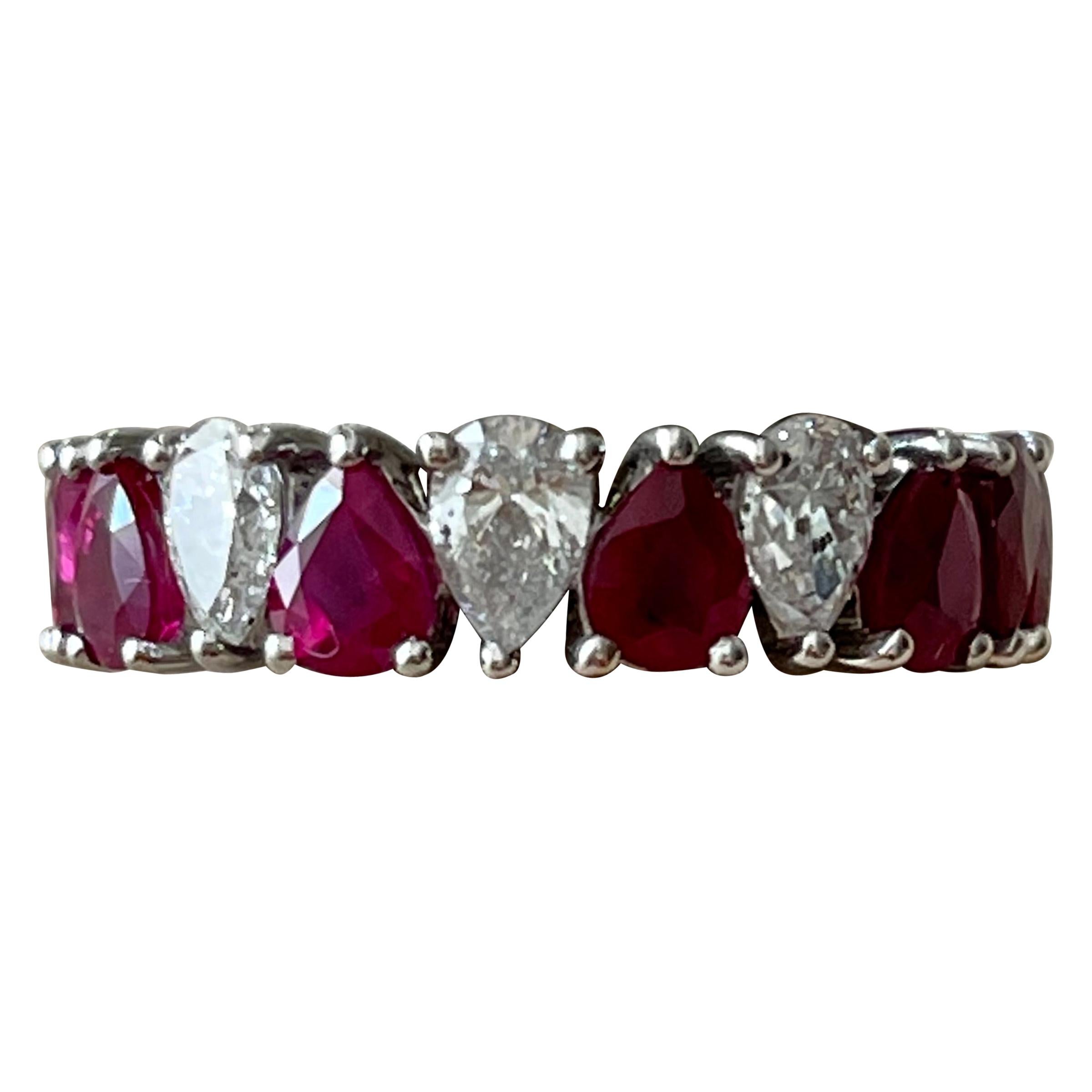 18 K White Gold Eternity Ring Pear Shape Ruby Diamonds  For Sale