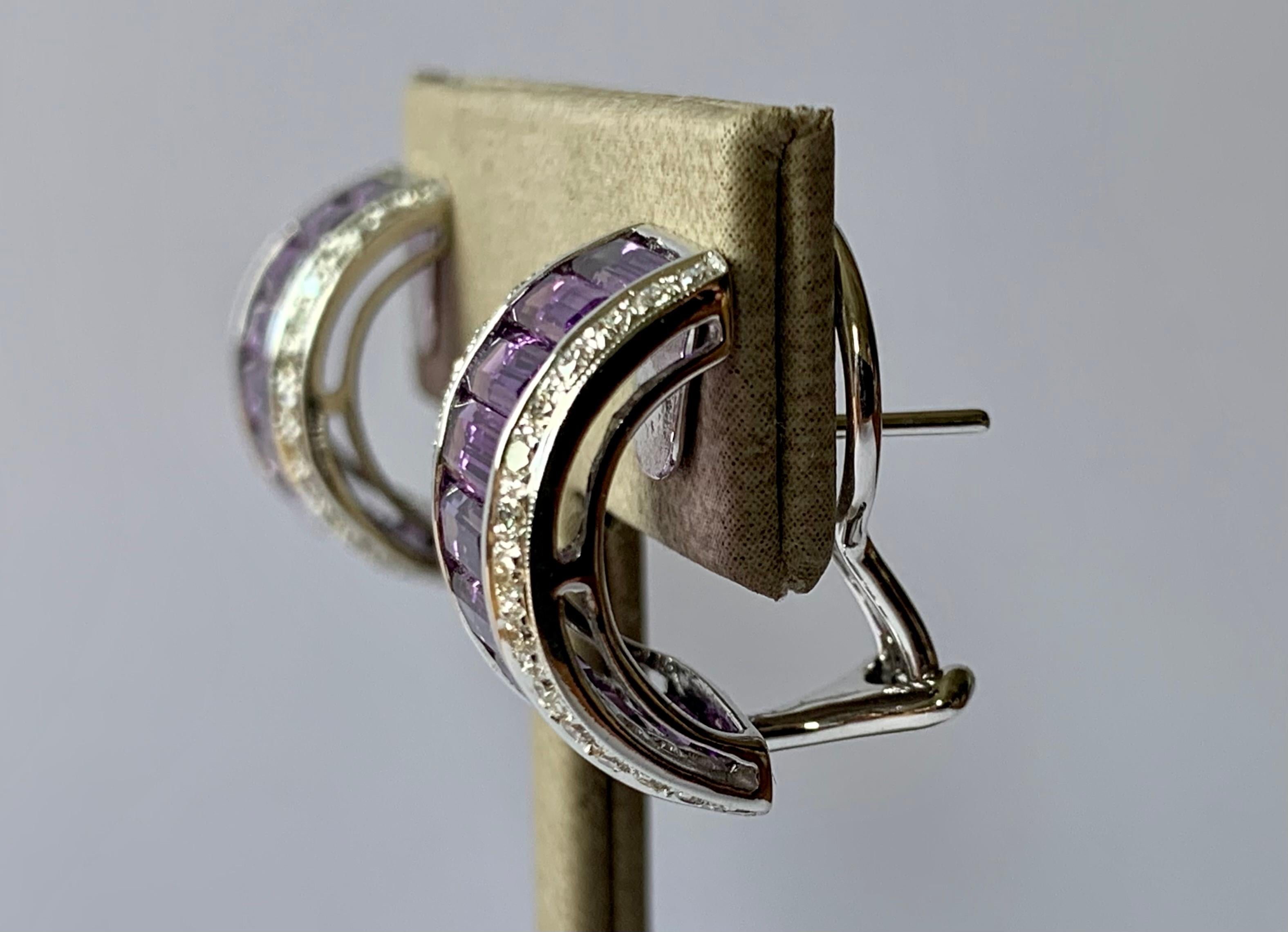 Contemporary 18 K White Gold Half Hoop Amethyst and Diamonds Earrings For Sale