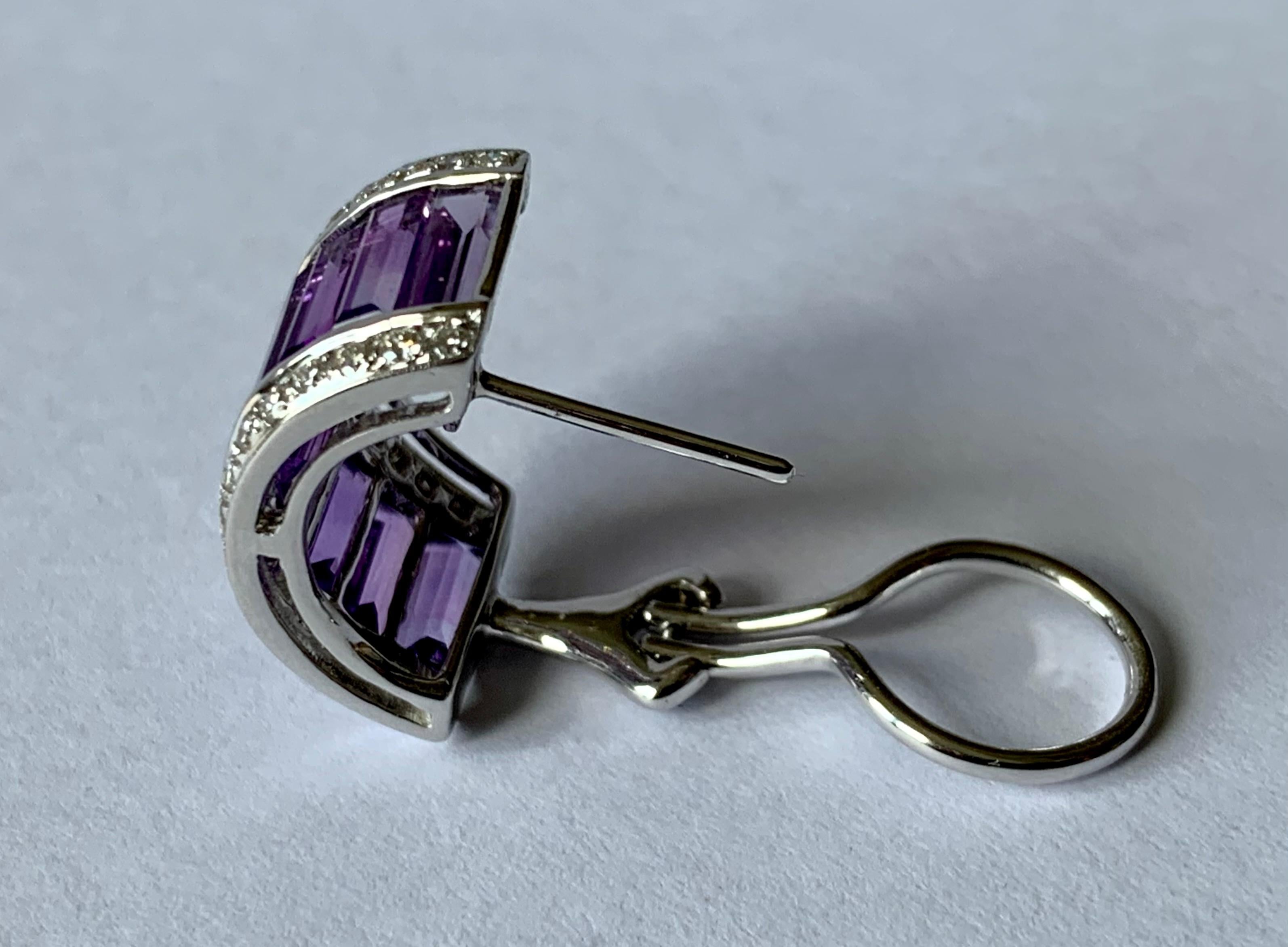 Baguette Cut 18 K White Gold Half Hoop Amethyst and Diamonds Earrings For Sale