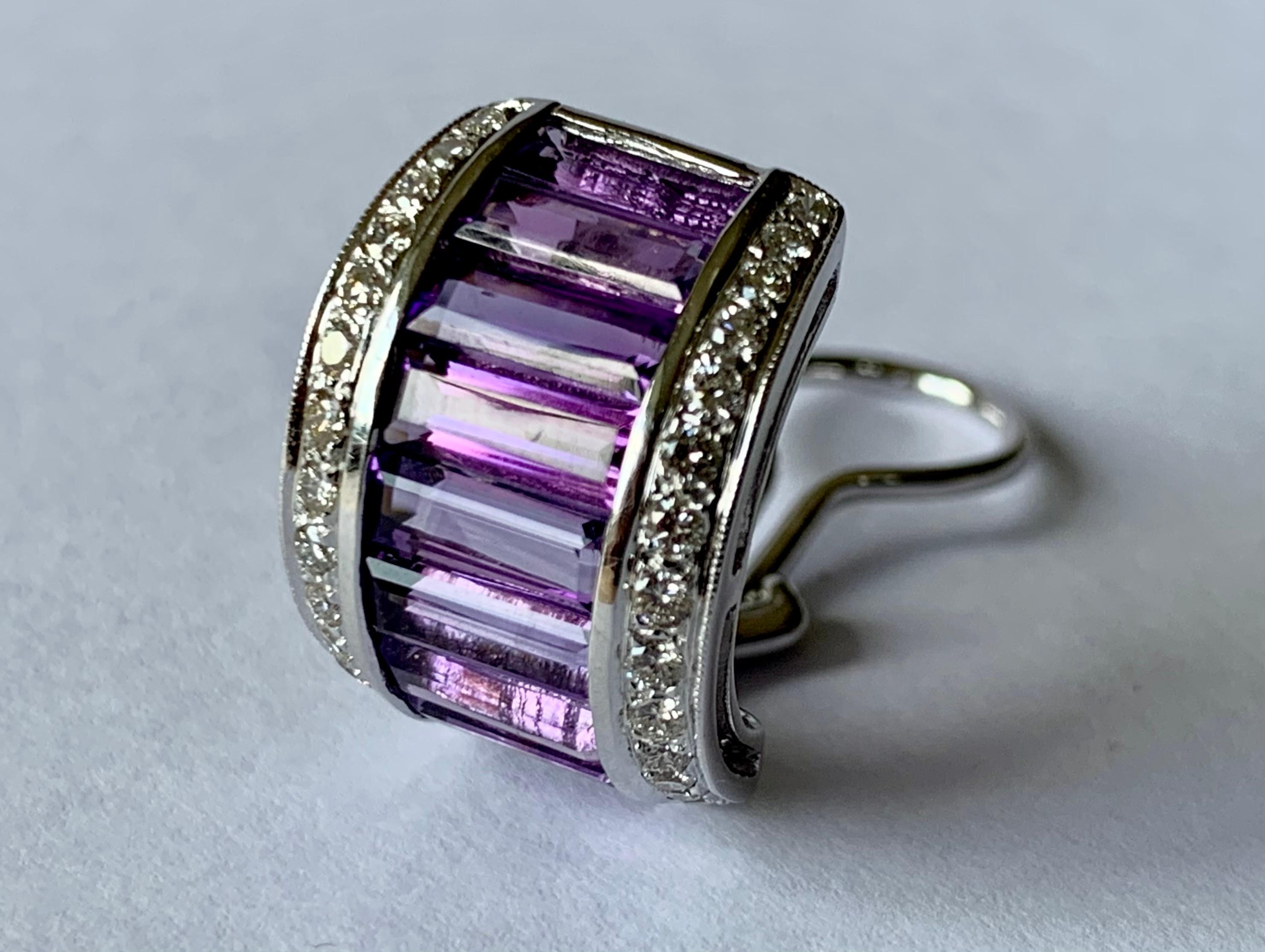 18 K White Gold Half Hoop Amethyst and Diamonds Earrings For Sale 1