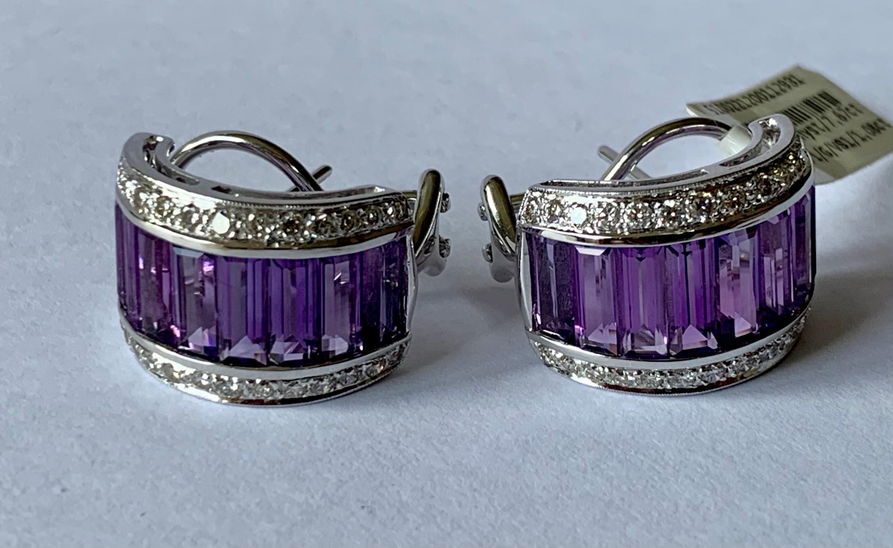 18 K White Gold Half Hoop Amethyst and Diamonds Earrings For Sale 2