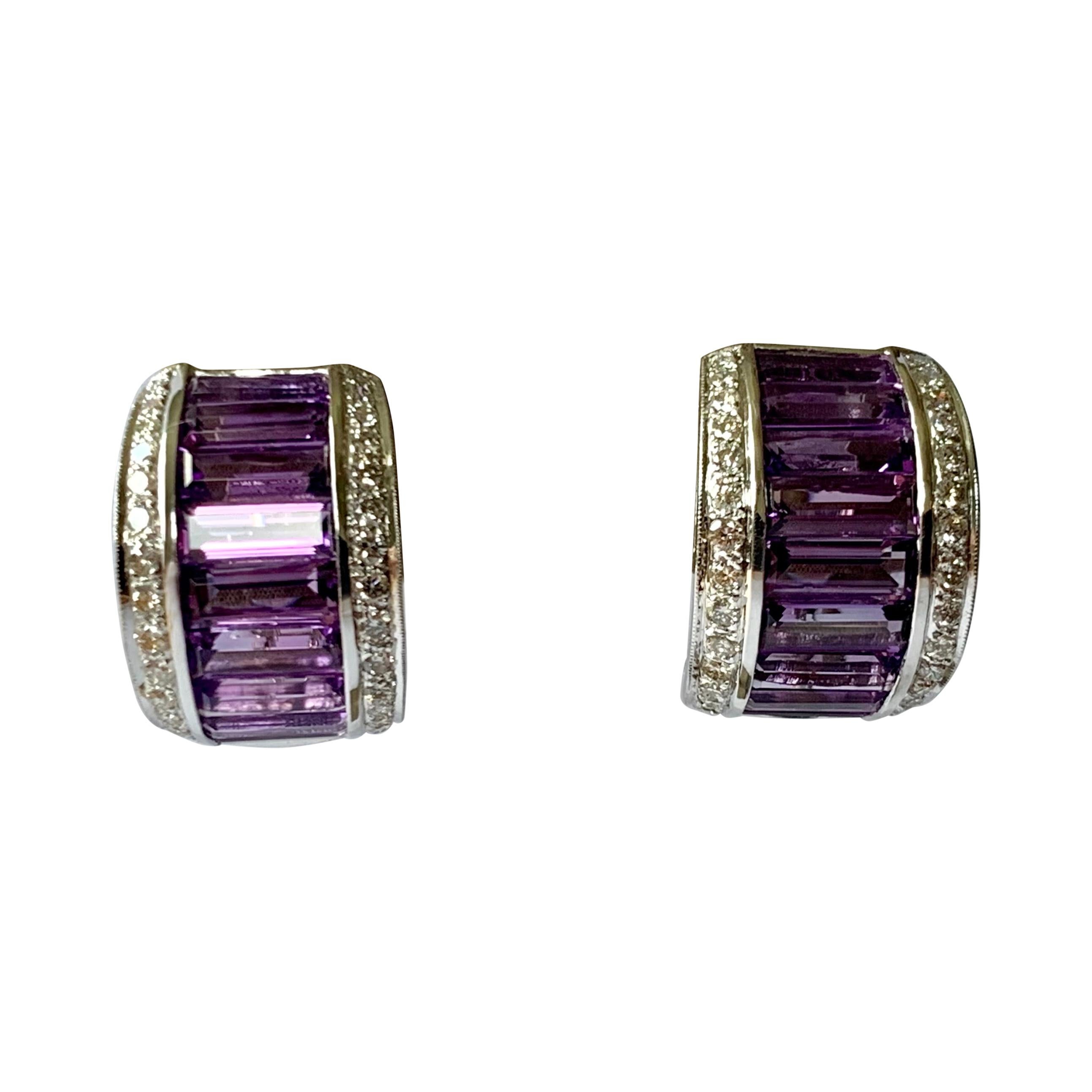 18 K White Gold Half Hoop Amethyst and Diamonds Earrings For Sale