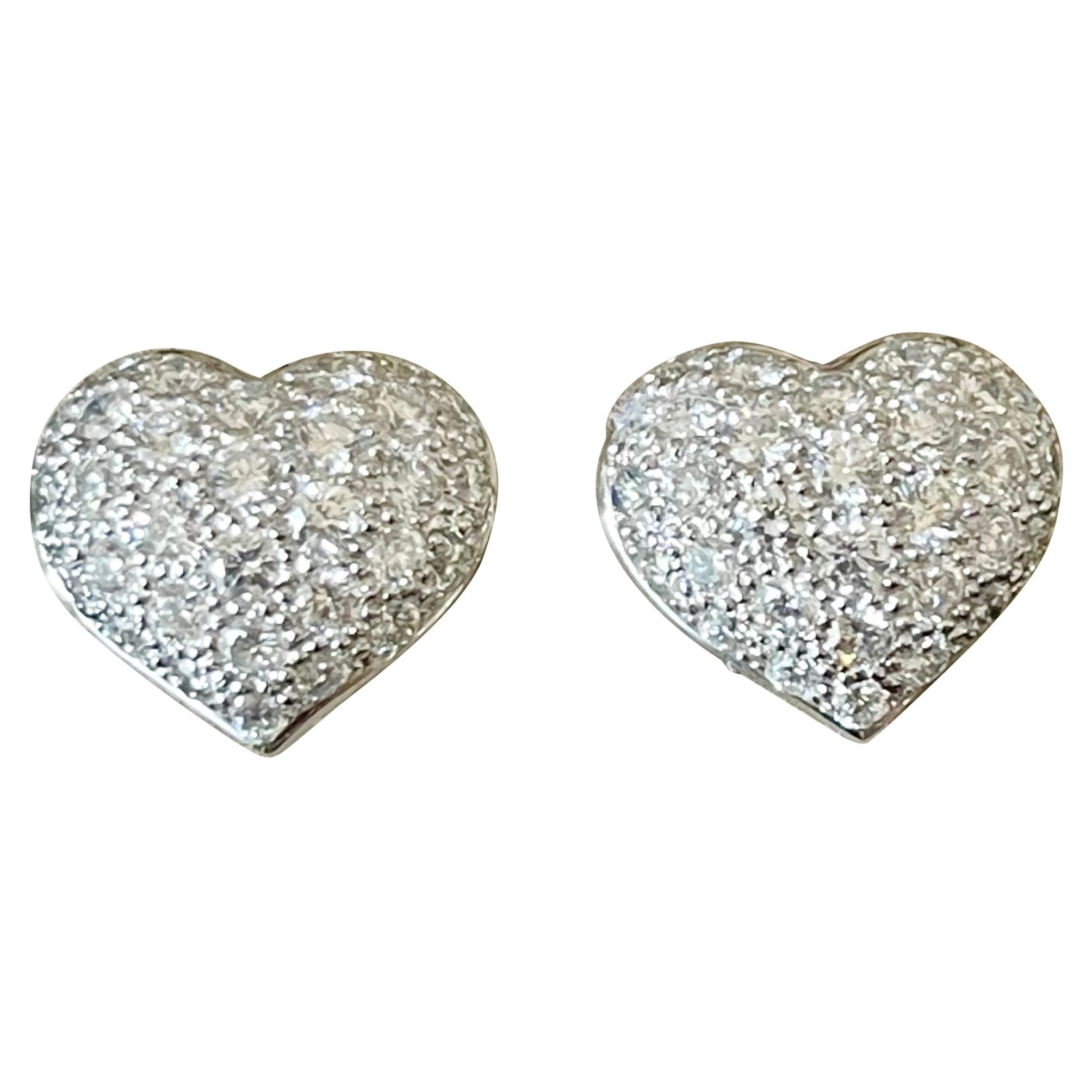 18 K White Gold Heart Shaped Pave Diamond Stud Earings For Sale